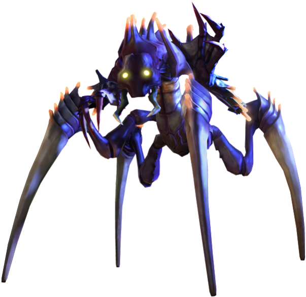 enemy 桌布 壁紙 — 一隻帶有發光黃色眼睛和鋒利爪子的威脅性藍色外星蜘蛛，站在深藍綠色背景前。