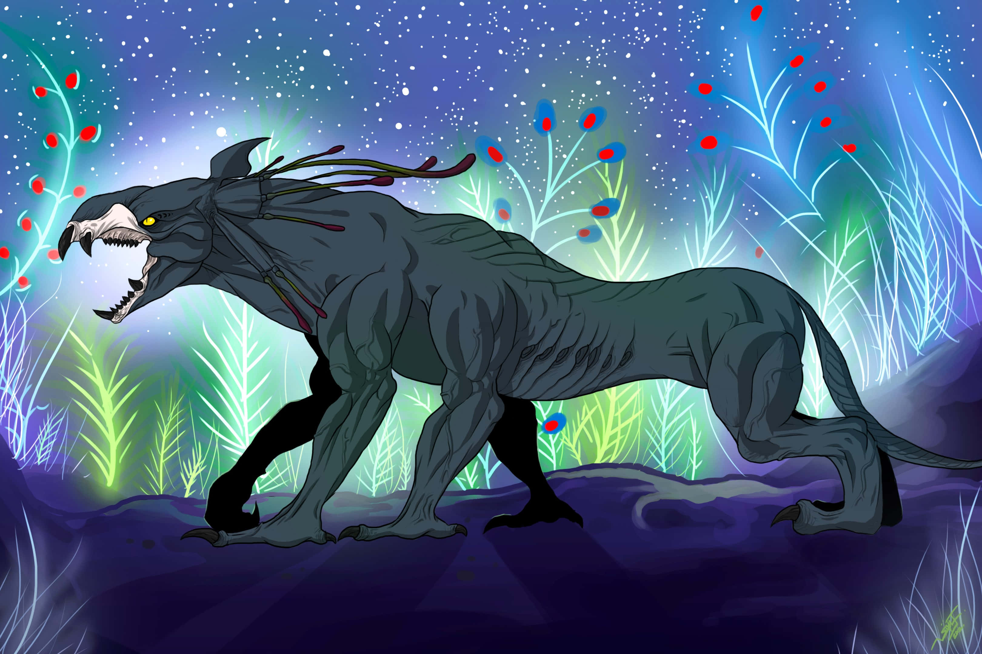 Avatar Pandora 桌布 壁紙 — 一隻帶有發光黃色眼睛的威脅性深灰色貓科野獸，在星光燦爛的夜空下，潛行於發光的霓虹植物叢中。