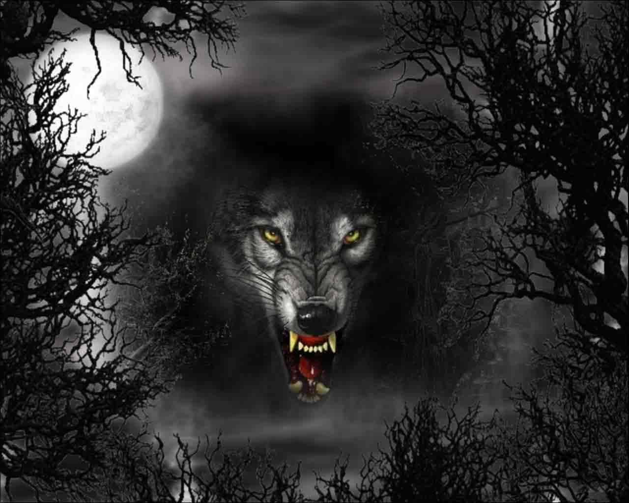 Dire Wolf 桌布 壁紙 — 一隻帶有發光黃色眼睛的威脅性狼在黑暗森林中，在扭曲的禿樹環繞的滿月下咆哮。