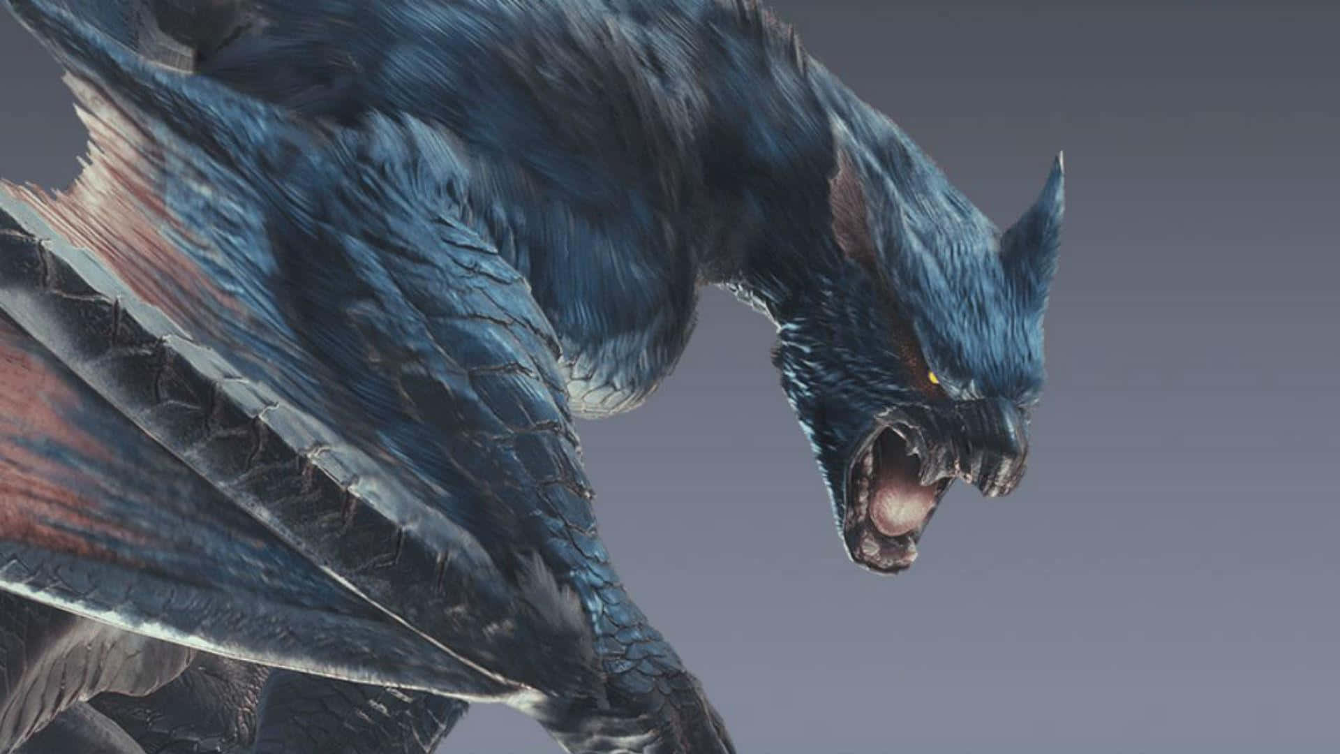 Monster Hunter Monsters 桌布 壁紙 — 一隻帶有發光黃色眼睛的威脅性藍色龍，在純灰色背景上猛烈咆哮。