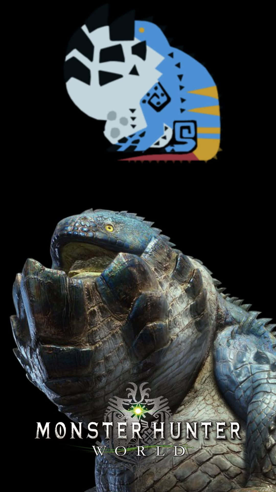 Android Monster Hunter World 桌布 壁紙 — 一隻帶有發光黃色眼睛的威脅性藍色鱗片怪物在黑色背景上咆哮，並帶有遊戲標誌。