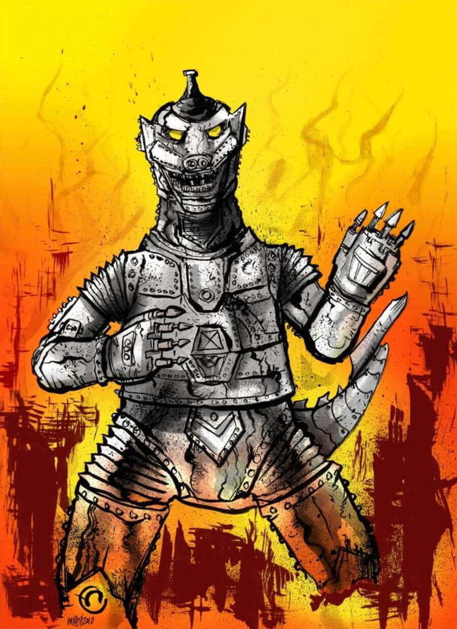 mechagodzilla 桌布 壁紙 — 一隻帶有發光黃色眼睛的威脅性裝甲怪獸，站在帶有煙霧效果的熾熱橙色和黃色背景前。