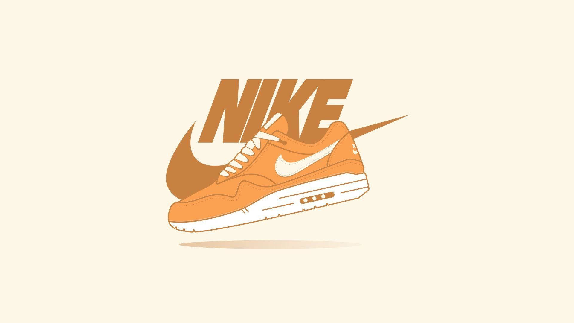 Nike Shoes 桌布 壁紙 — 一隻帶有白色勾勾和鞋帶的簡約橙色Nike運動鞋漂浮在奶油色背景上。