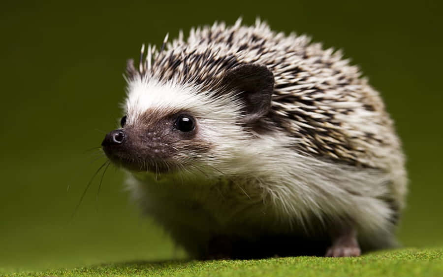 Cute Hedgehog 桌布 壁紙 — 一隻帶有白色和棕色刺的小刺蝟的特寫鏡頭，站在綠色草地上，背景是模糊的綠色。