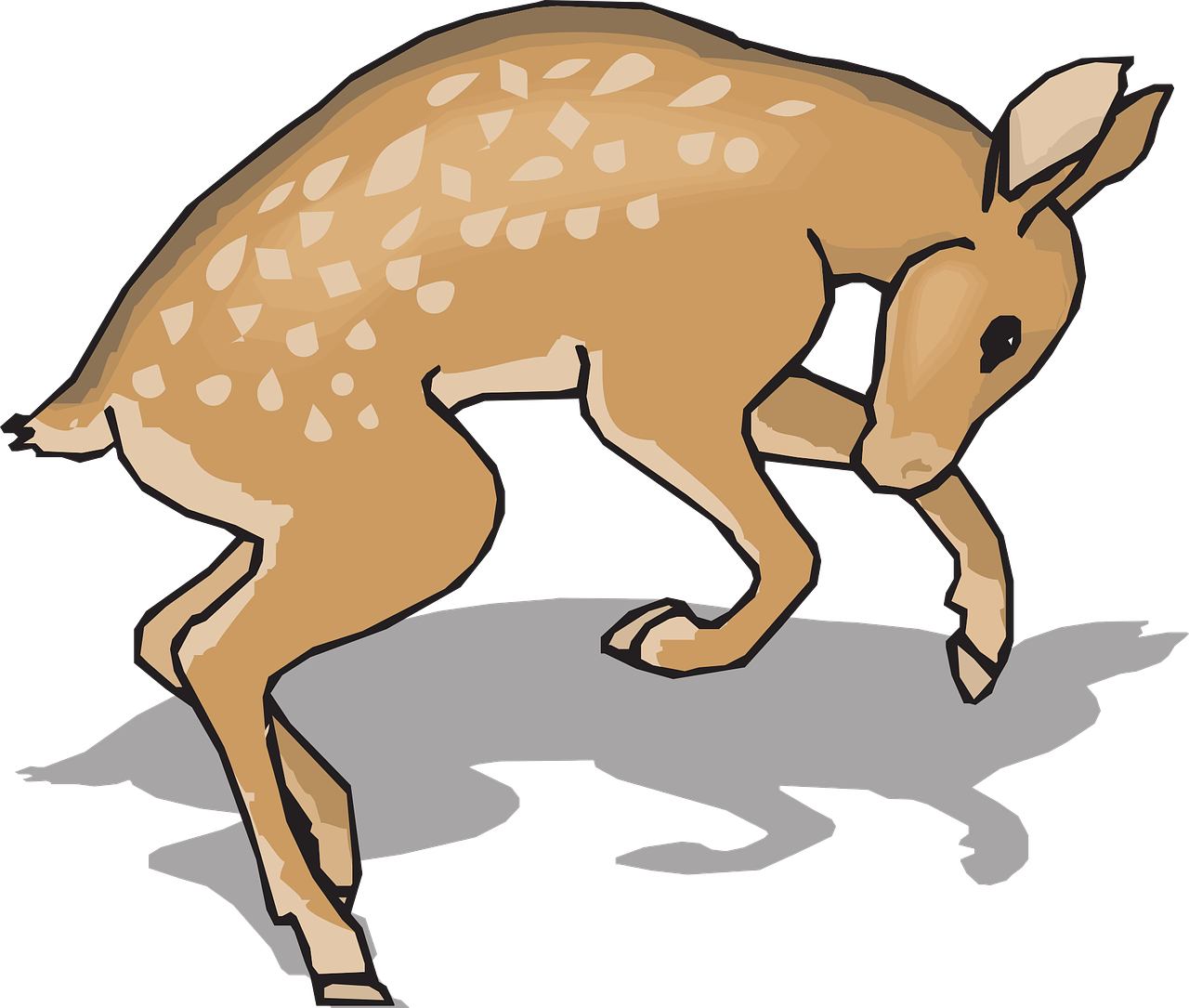 fawn 桌布 壁紙 — 一隻帶有白色斑點的卡通小鹿站在灰色岩石上，黑色背景投射出陰影。