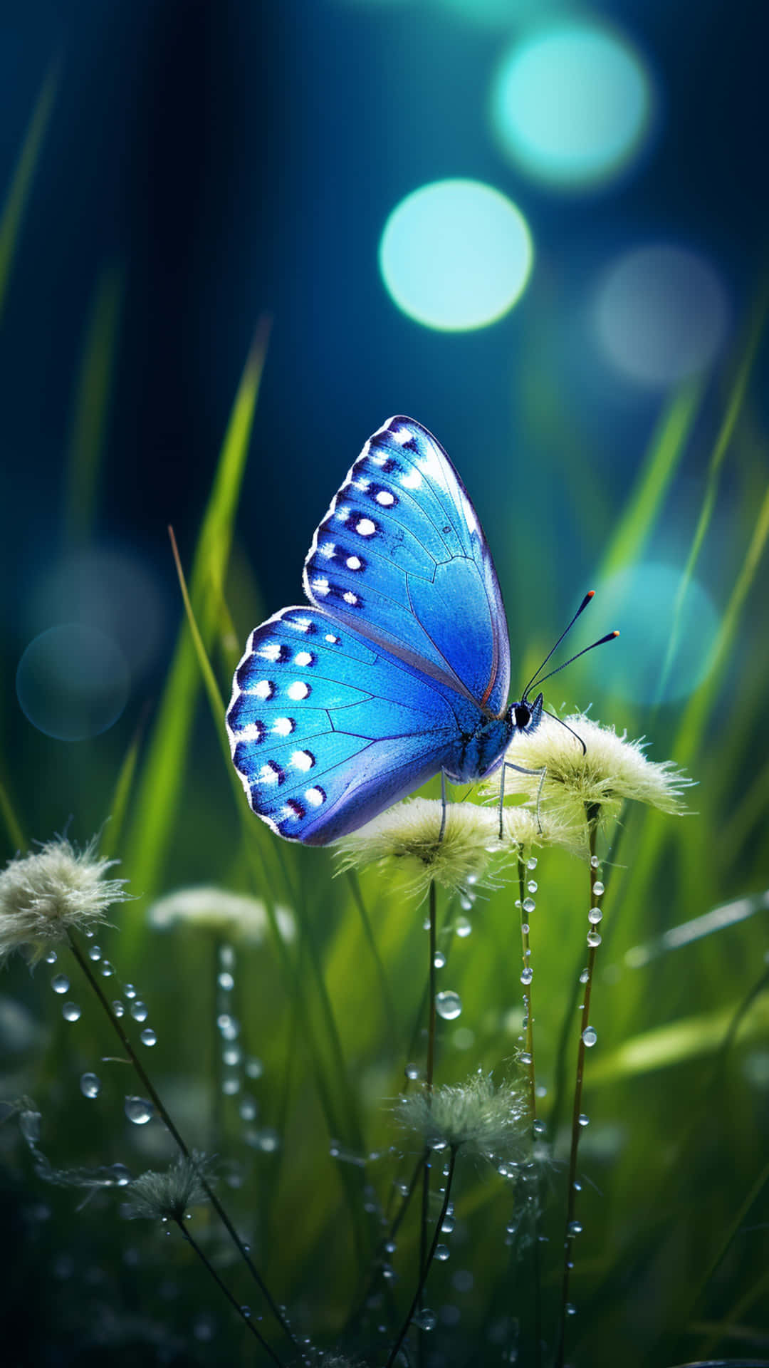 butterfly on a grass 壁紙 — 一隻帶有白色斑點的鮮豔藍色蝴蝶，停歇在帶露水的草地上，背景是夢幻的藍綠色散景。