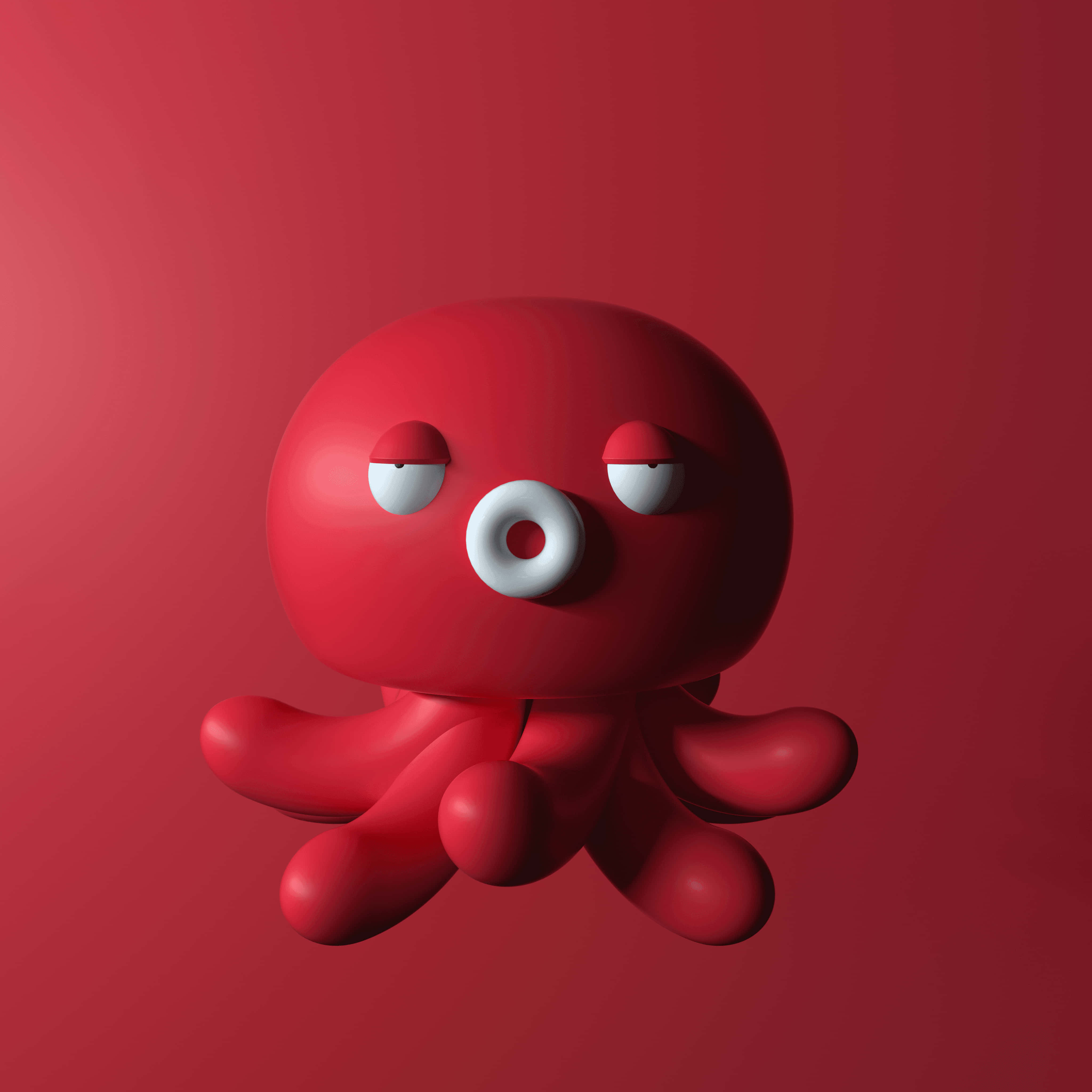 Cartoon Animal 桌布 壁紙 — 一隻帶有白色眼睛和嘴巴的光澤紅色3D渲染章魚漂浮在純紅色背景上。