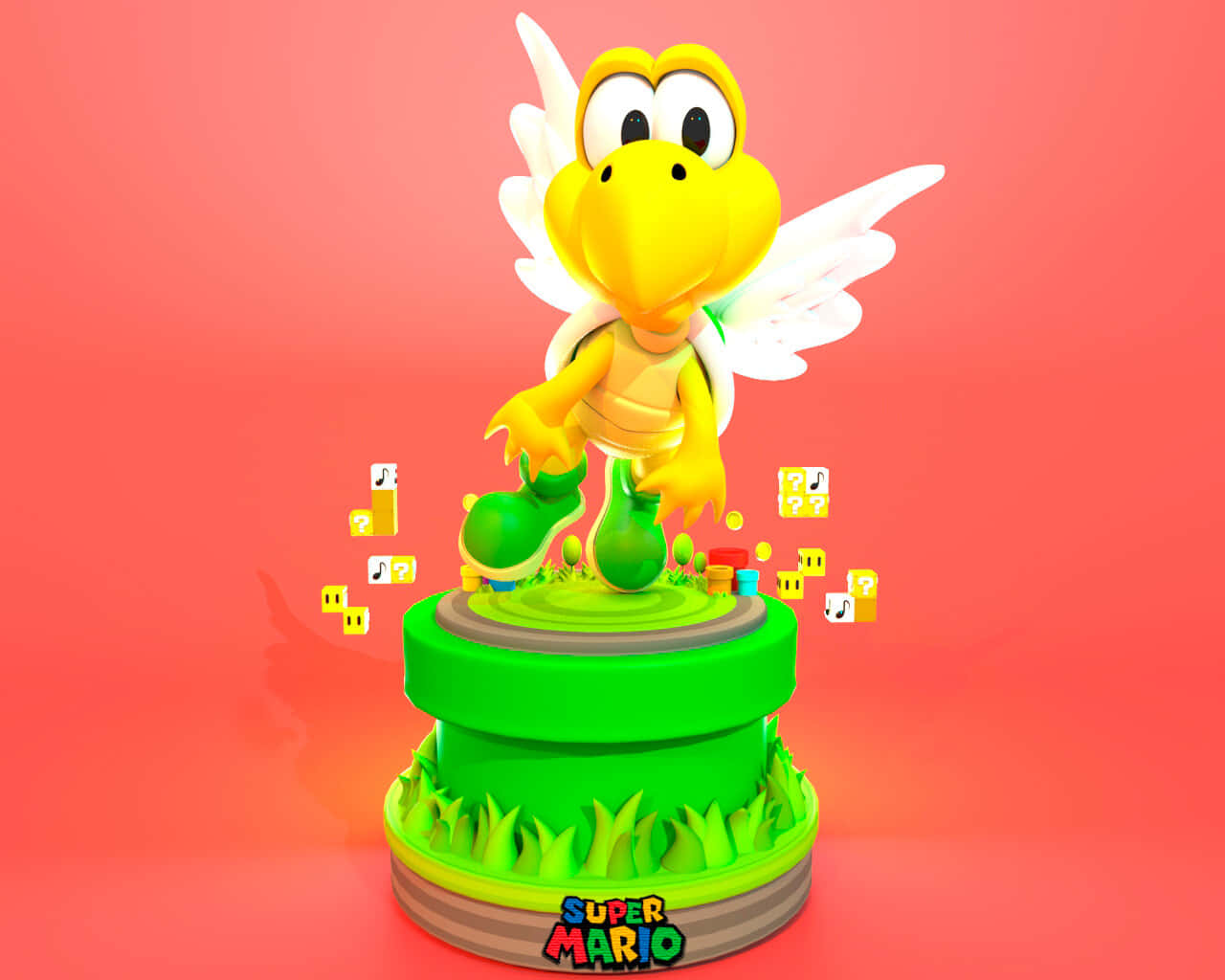 Koopa Troopa 桌布 壁紙 — 一隻帶有白色翅膀的黃色3D渲染庫巴龜站在綠色管道底座上，周圍環繞著漂浮的問號方塊，背景為珊瑚粉紅色。