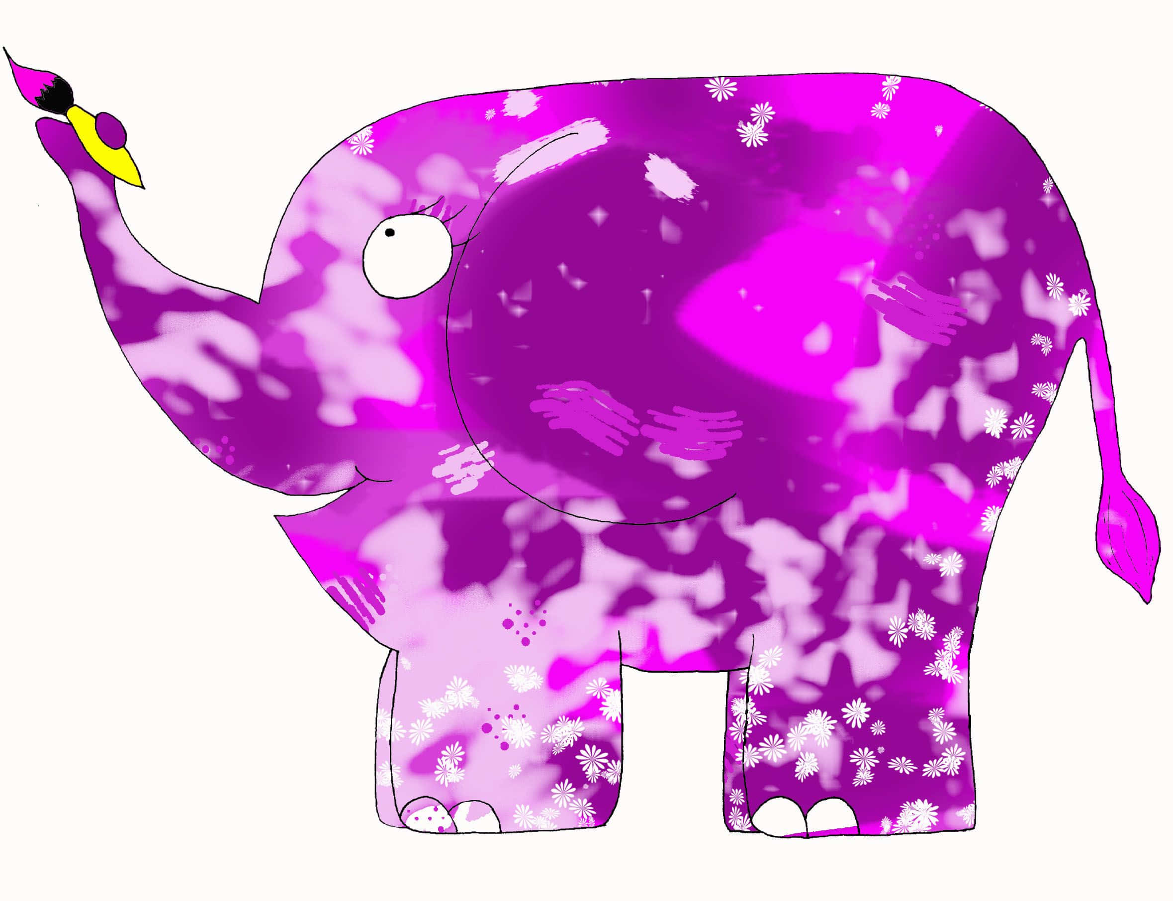Pink Elephant 桌布 壁紙 — 一隻帶有白色花卉圖案的異想天開紫色大象拿著畫筆，以充滿活力的洋紅色和薰衣草色調繪製。
