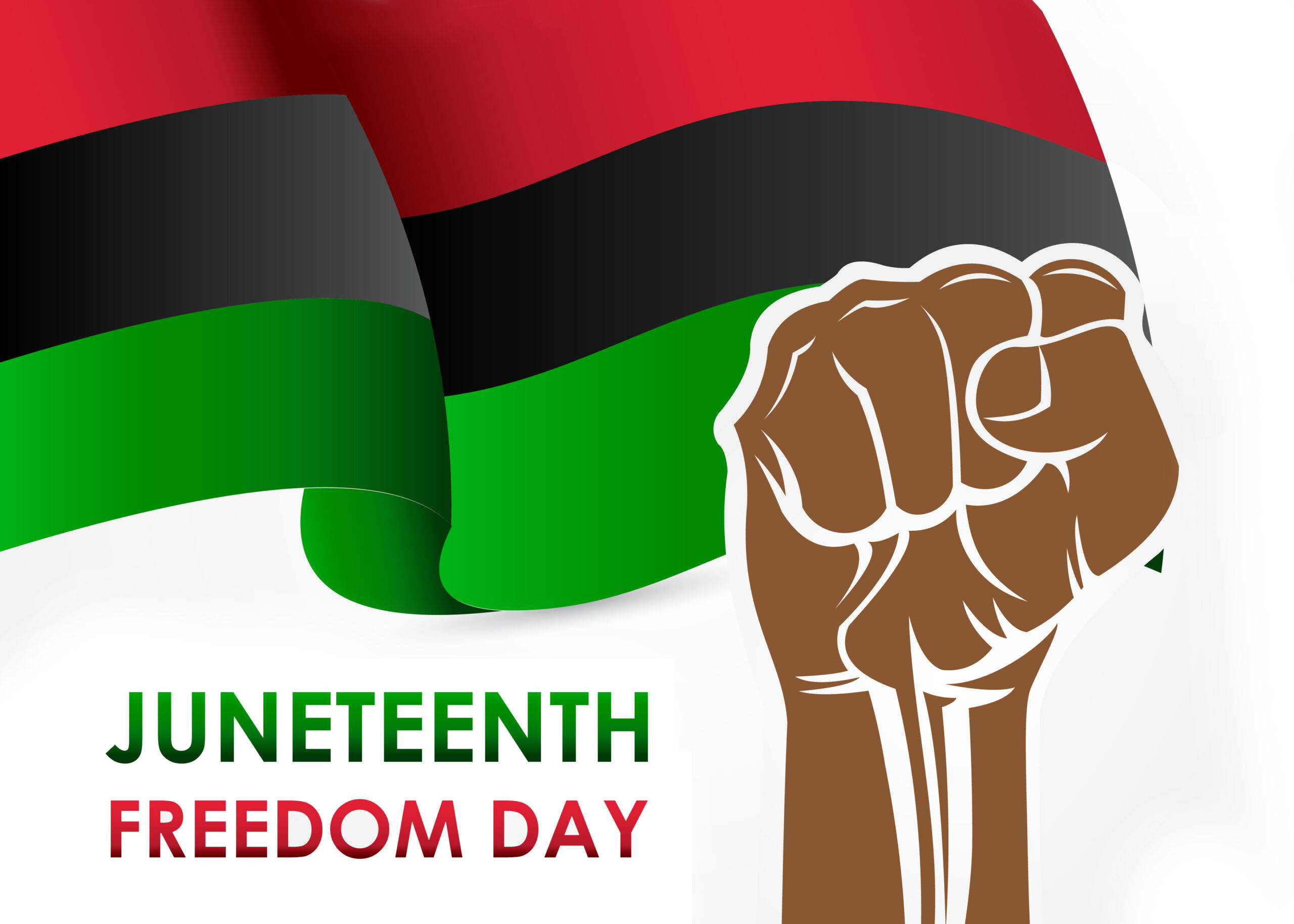Juneteenth 桌布 壁紙 — 一隻帶有白色輪廓的棕色舉起拳頭，大膽地站在一面飄揚的六月節旗幟旁，旗幟上有紅、黑、綠條紋。