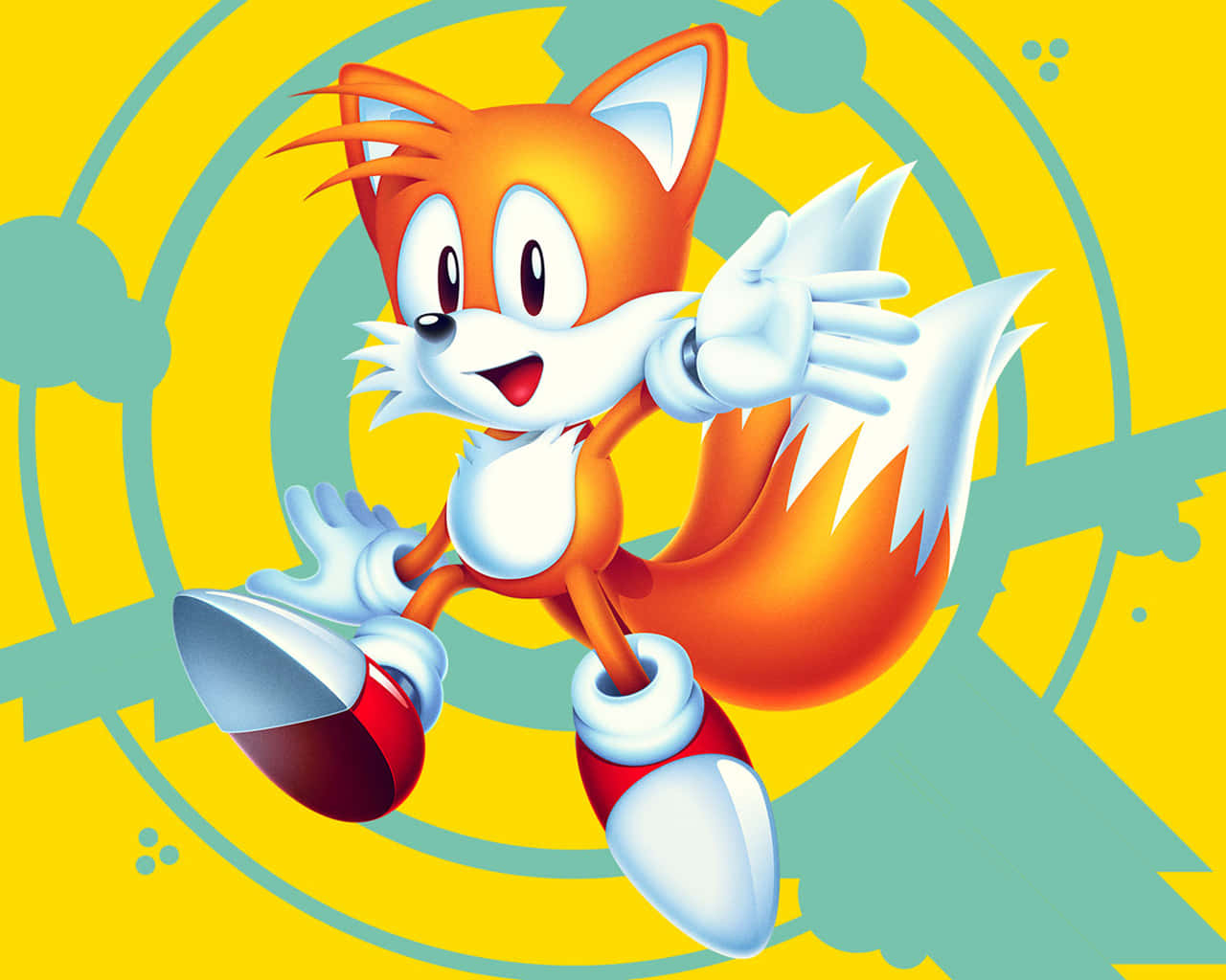 Tails 桌布 壁紙 — 一隻帶有白色點綴和紅色鞋子的開朗橙色狐狸，在明亮的黃色和藍綠色圓形背景上動態跳躍。