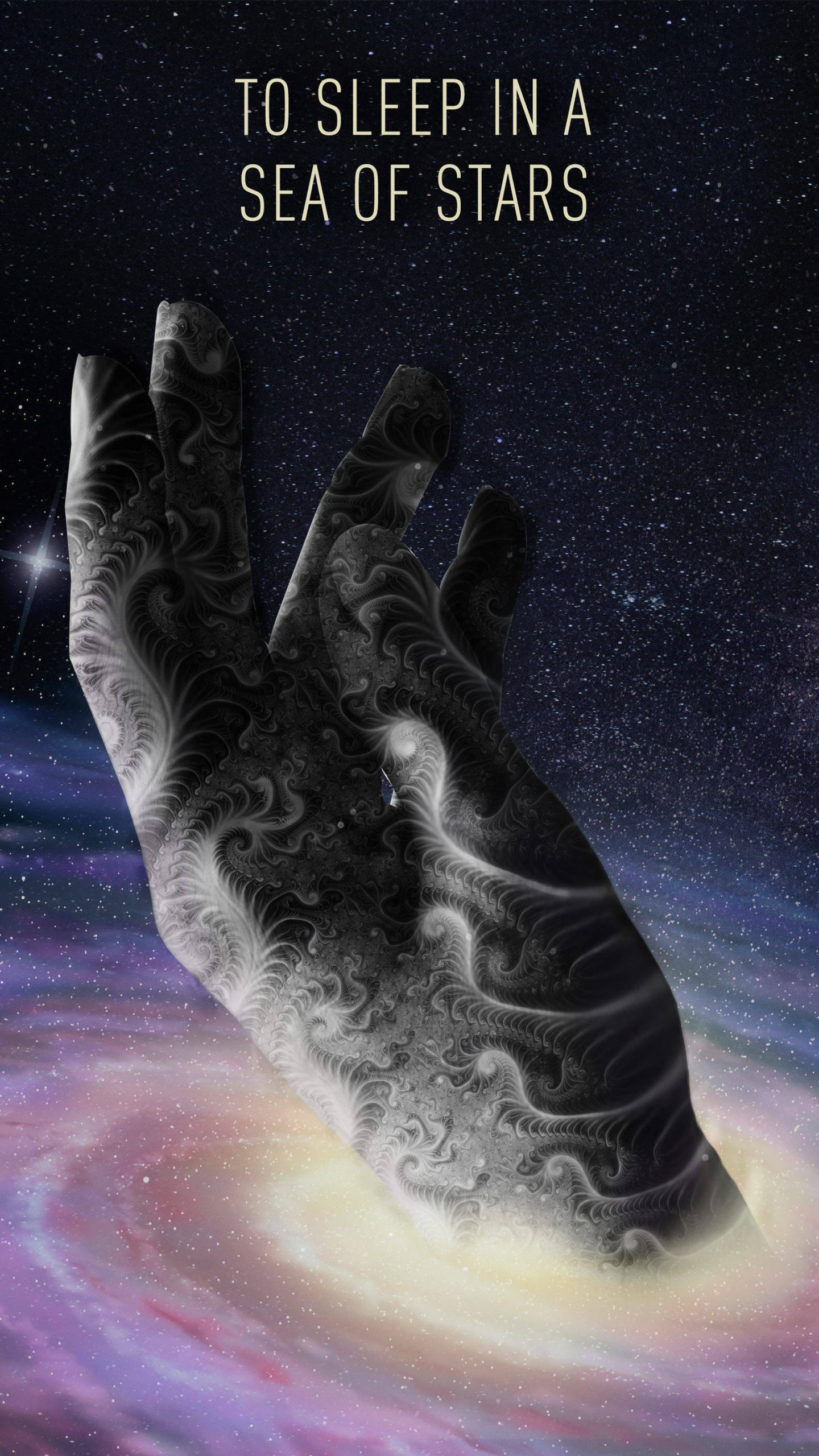 Stars 桌布 壁紙 — 一隻帶有碎形圖案的手從旋轉的星系中浮現，背景是繁星點點的宇宙，上方有文字。