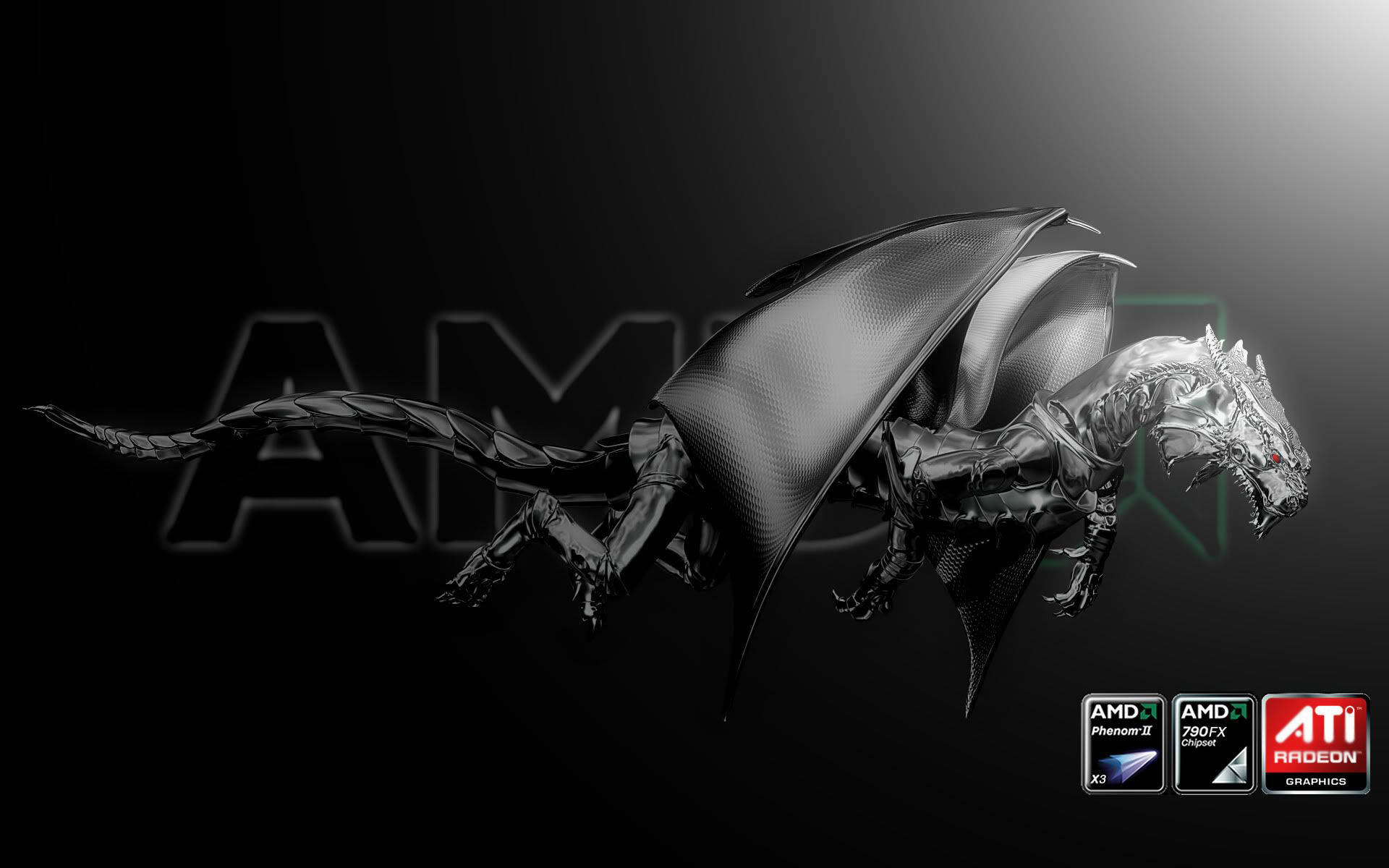 AMD 桌布 壁紙 — 一隻帶有碳纖維翅膀的時尚金屬龍，在帶有微弱AMD品牌標識的深色漸變背景上滑翔。
