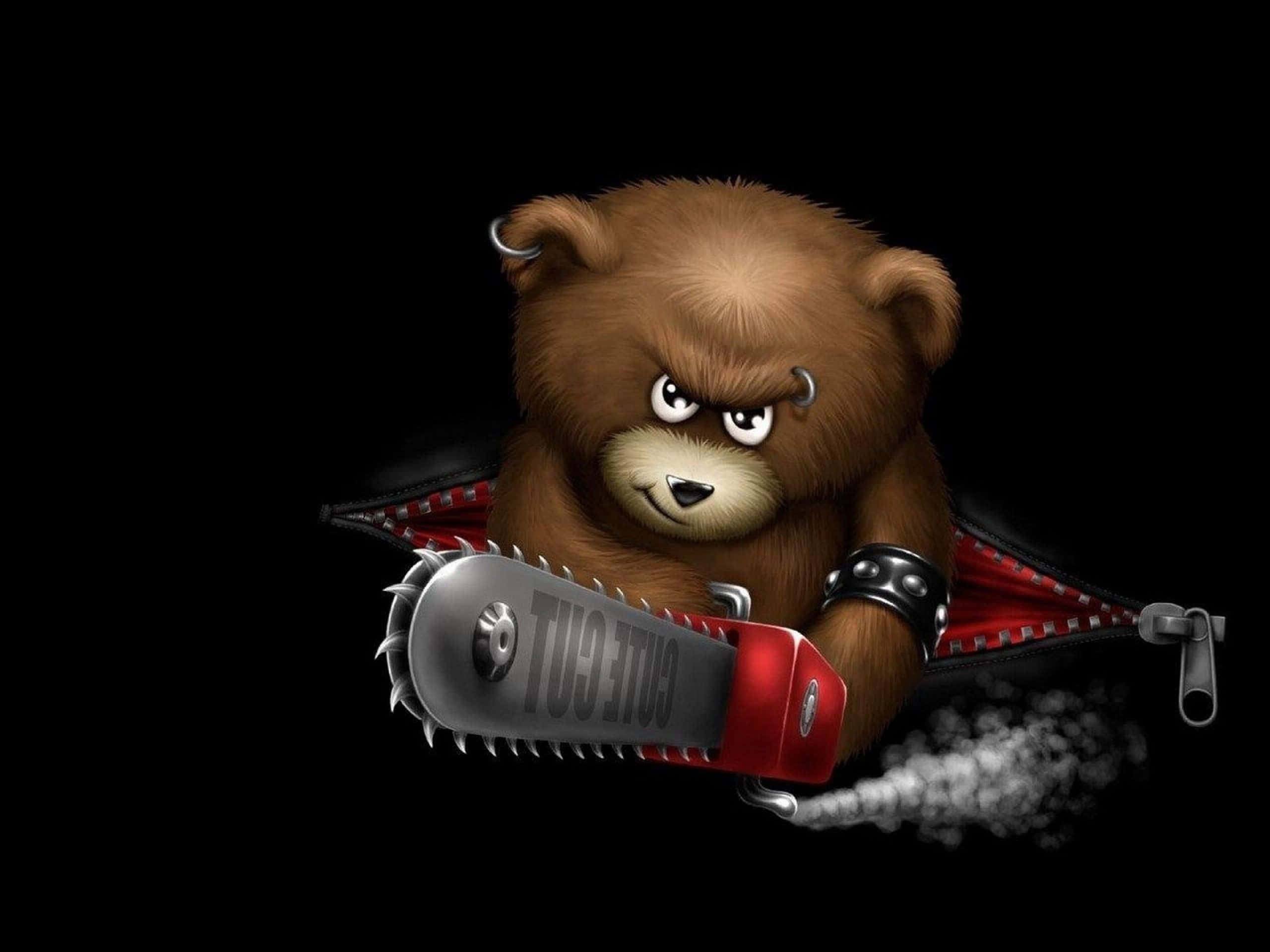Chainsaw 桌布 壁紙 — 一隻帶有穿環的威脅性卡通熊從破爛的紅色外套中出現，手持電鋸，背景為黑色。