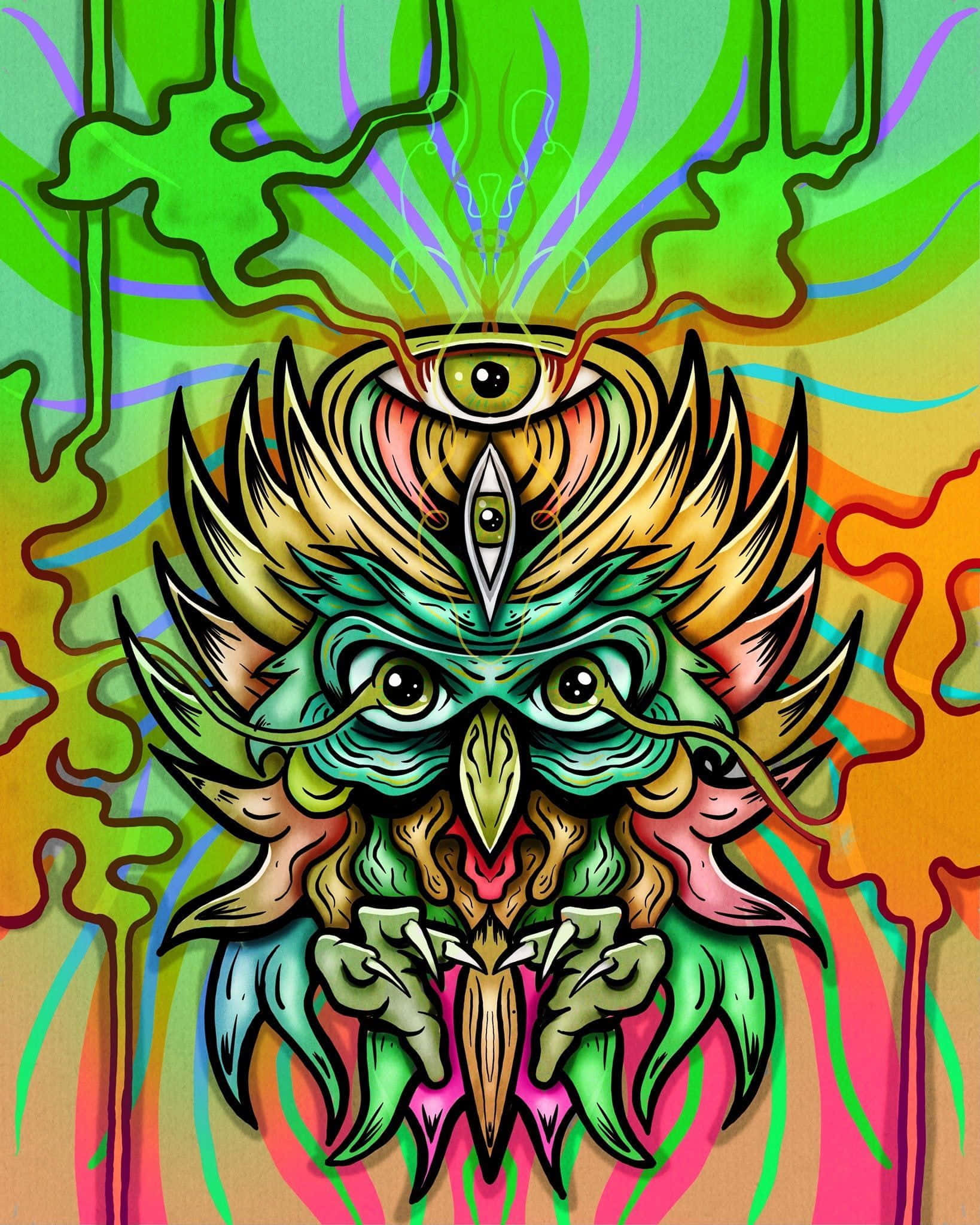 Trippy Animals 桌布 壁紙 — 一隻帶有第三隻眼的迷幻貓頭鷹，在旋轉的抽象背景上散發出鮮豔的霓虹色彩。