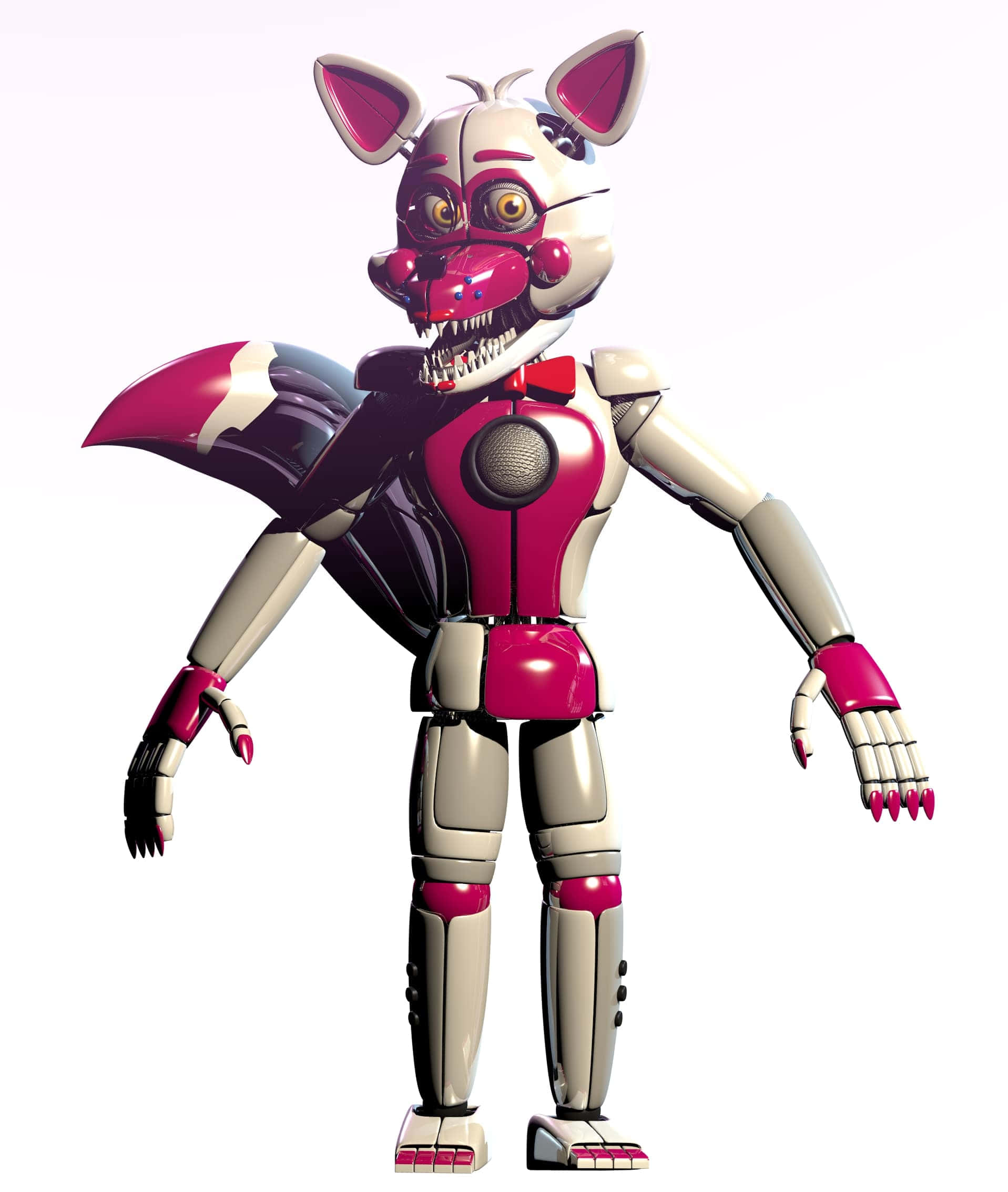 Funtime Foxy 桌布 壁紙 — 一隻帶有粉紅色和米色裝甲的機械狐狸，站在純白色背景前，露出鋒利的牙齒和發光的眼睛，顯得威風凜凜。