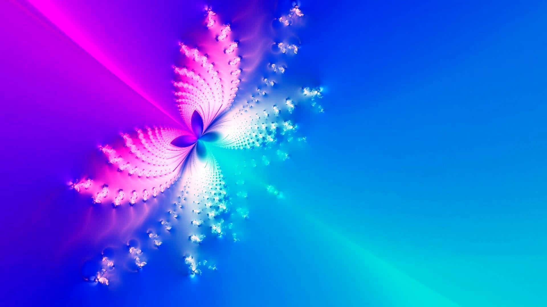 Cool Butterfly 桌布 壁紙 — 一隻帶有粉紅色和藍色色調的發光碎形蝴蝶在漸變天空下盤旋。