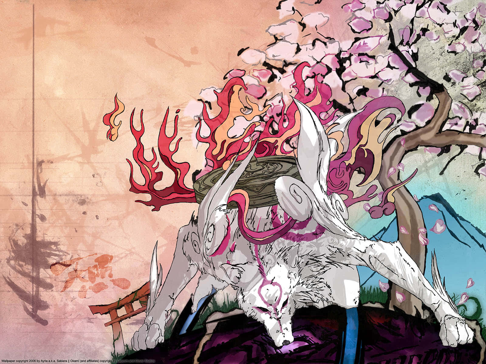 Okami HD 桌布 壁紙 — 一隻帶有粉紅色斑紋和火紅頭髮的白色九尾狐站在櫻花樹下，背景是紋理豐富的桃色天空。