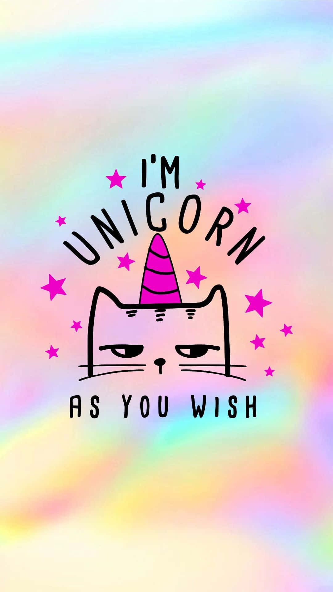 Pastel Unicorn 桌布 壁紙 — 一隻帶有粉紅色獨角獸角和星星的卡通貓在彩虹漸變背景上說「我是你想要的獨角獸」。