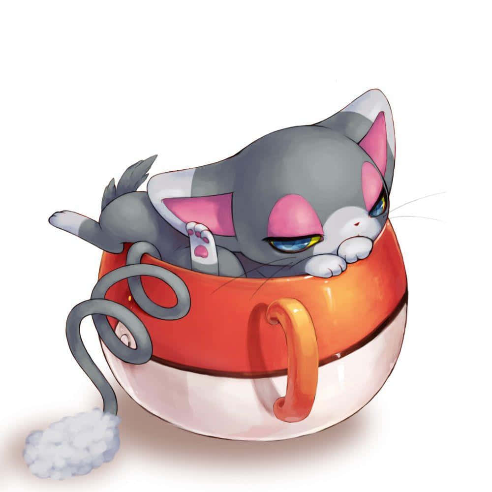 Sleepy Cat 桌布 壁紙 — 一隻帶有粉紅色耳朵和捲曲尾巴的昏睡灰色貓咪，在紅白相間的精靈球杯中休息，眼睛半閉，流露出滿足的神情。