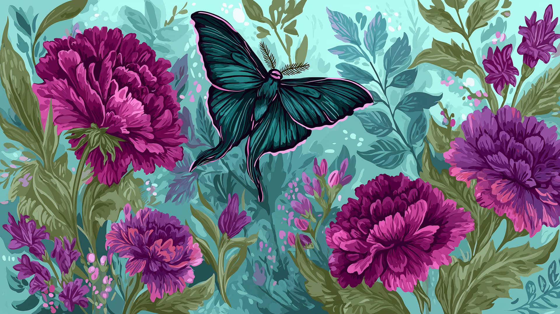 Grand Luna Moth and Large Wildflowers Seamless Pattern 壁紙 — 一隻帶有粉紅色輪廓的藍綠色飛蛾，在鮮豔的洋紅色牡丹和綠色葉片之間飛翔，背景為藍綠色。