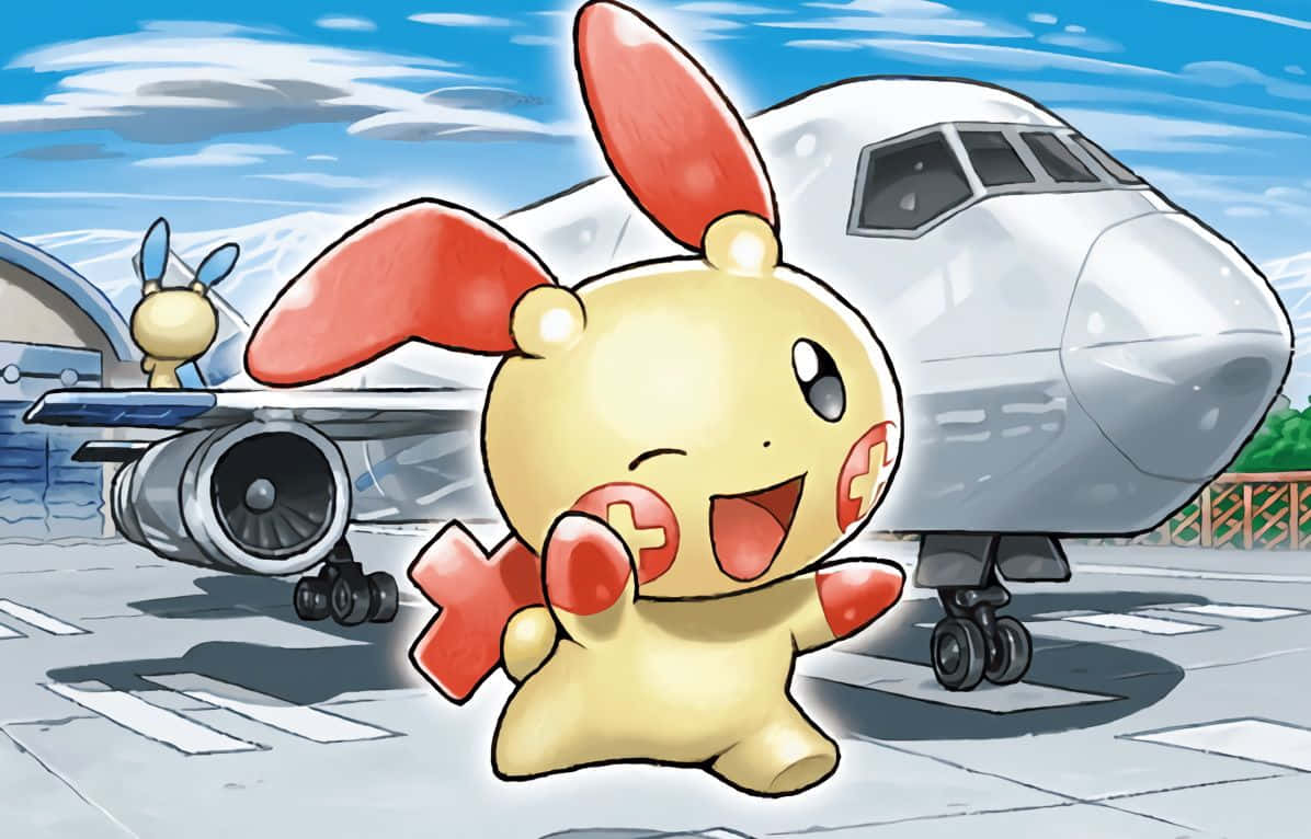 Plusle 桌布 壁紙 — 一隻帶有紅色十字標記的開朗捲耳兔站在機場停機坪上，前面有一架大型飛機，背景是明亮的藍天。