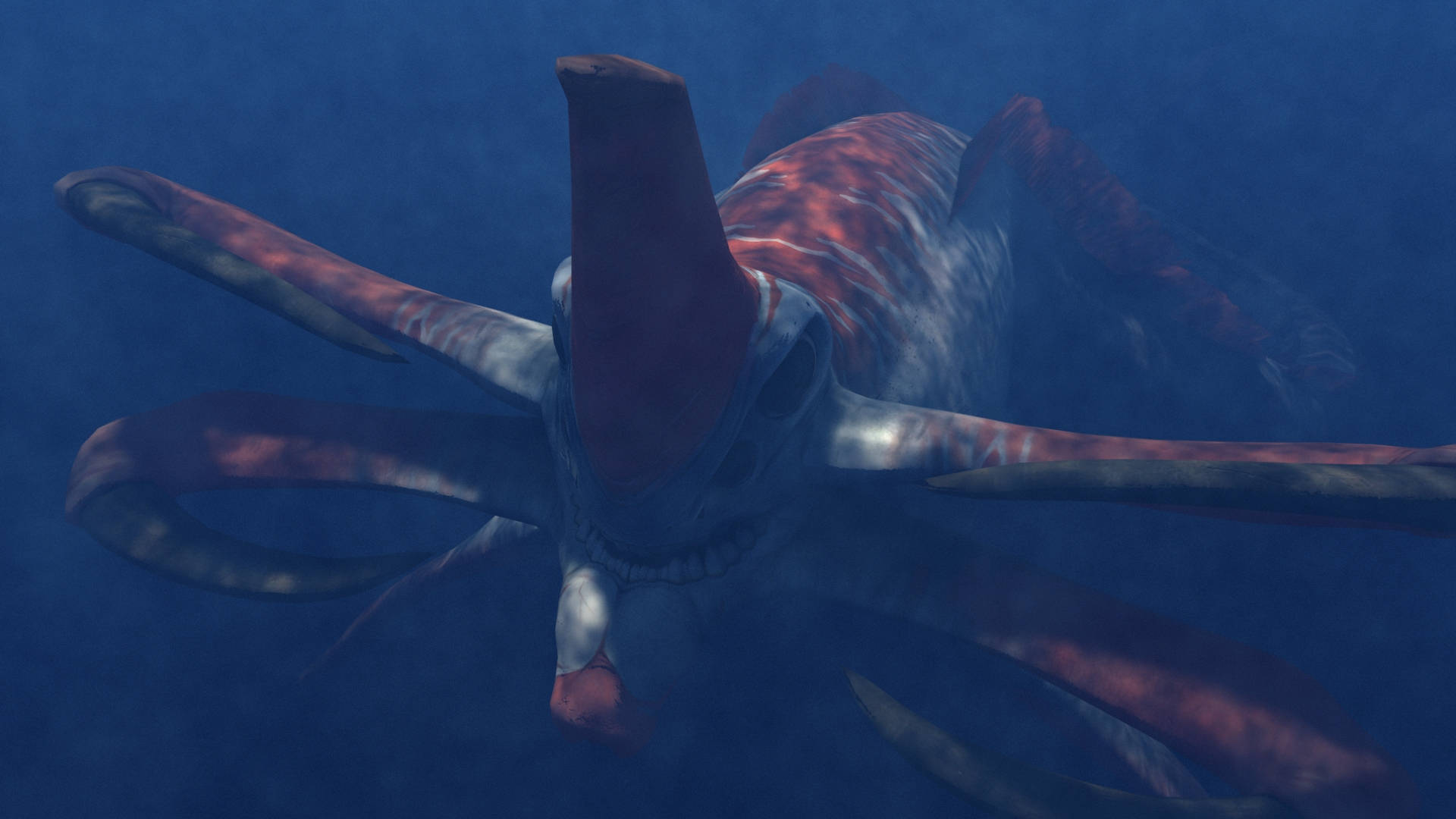 ghost leviathan 桌布 壁紙 — 一隻帶有紅色和灰色圖案的巨型史前魷魚在深藍色海水中滑行。