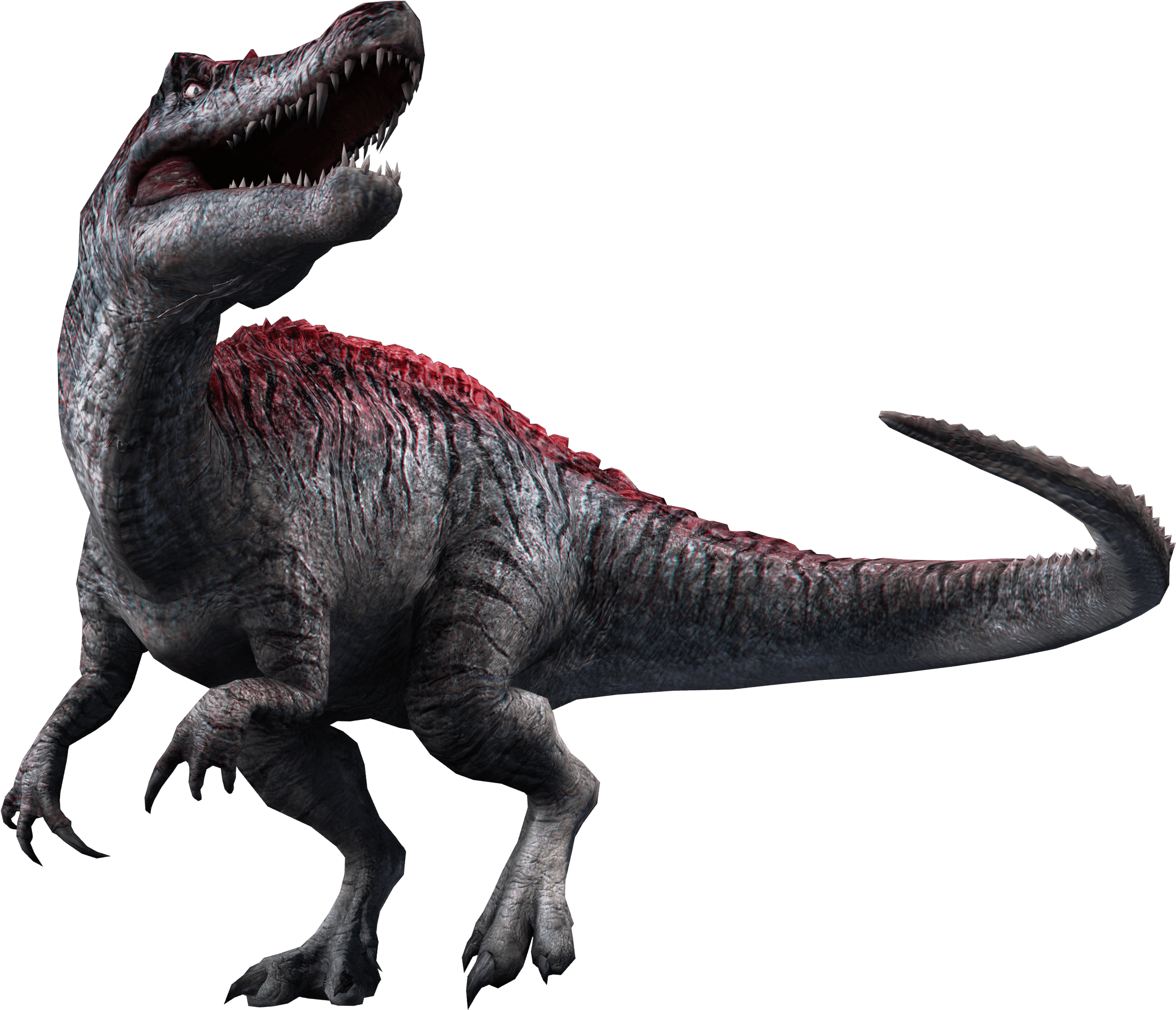 Jurassic World 桌布 壁紙 — 一隻帶有紅色尖刺背部的兇猛灰色恐龍在純黑色背景上咆哮。