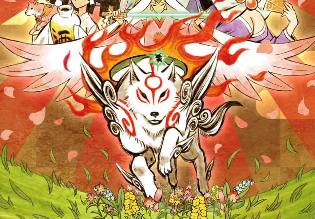 Okami HD 桌布 壁紙 — 一隻帶有紅色斑紋和華麗翅膀的雄偉白狐，在火紅的天空下跳過一片色彩繽紛的花田。