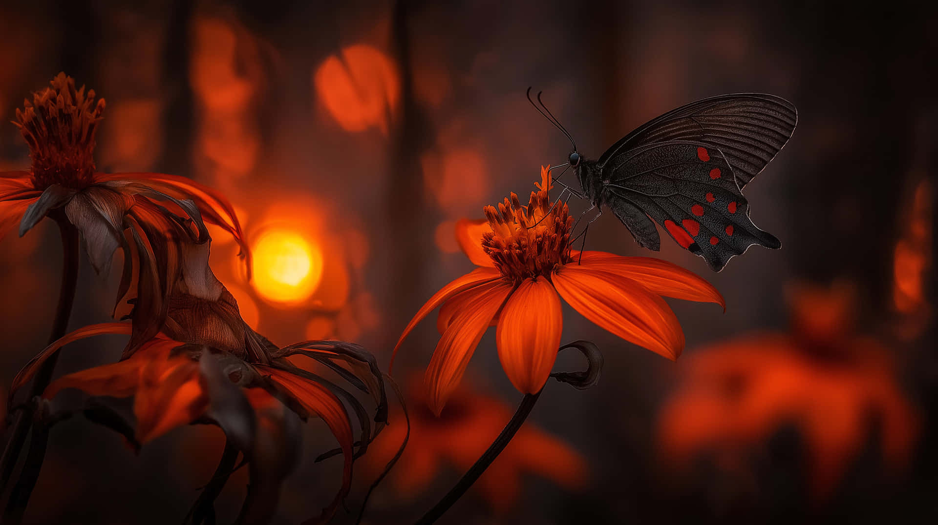 Butterfly on Blooming Flora with Soft Background Glow 壁紙 — 一隻帶有紅色斑點的黑蝴蝶棲息在鮮豔的橙色花朵上，背景是閃耀的日落。