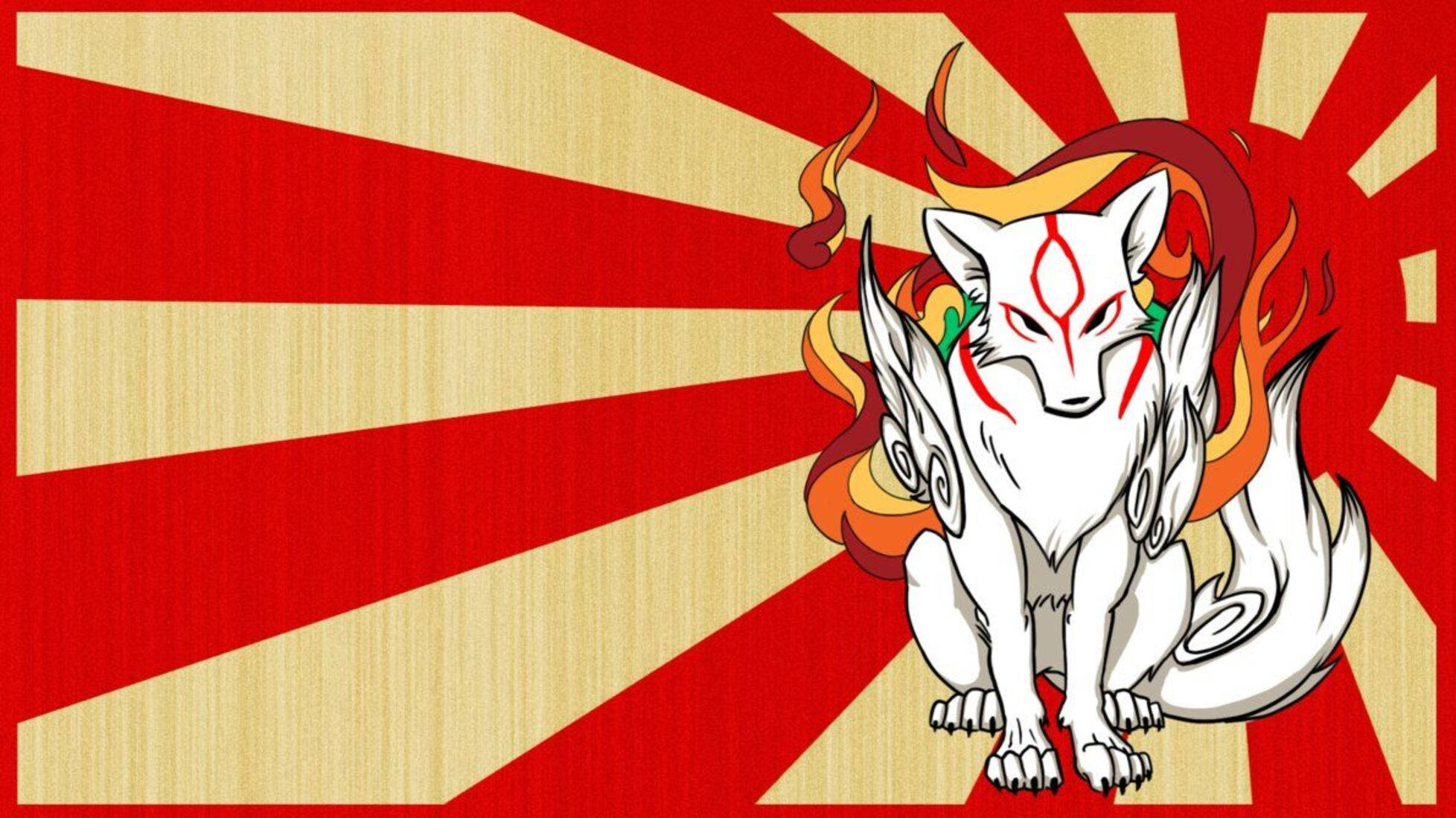 Okami 桌布 壁紙 — 一隻帶有紅色標記和火焰鬃毛的白色九尾狐，威嚴地坐在紅色和米色的旭日背景前。