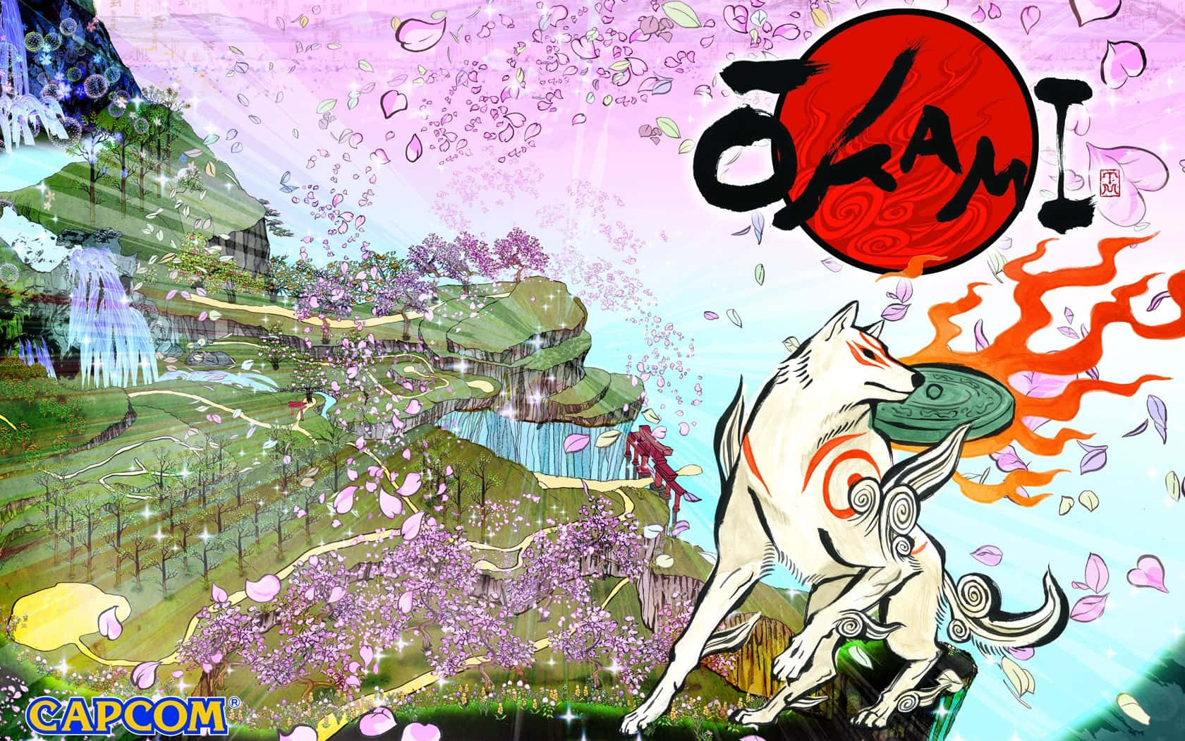 Okami HD 桌布 壁紙 — 一隻帶有紅色標記的白狼在紅太陽下跳過充滿活力的櫻花景觀，並帶有「Okami」字樣。
