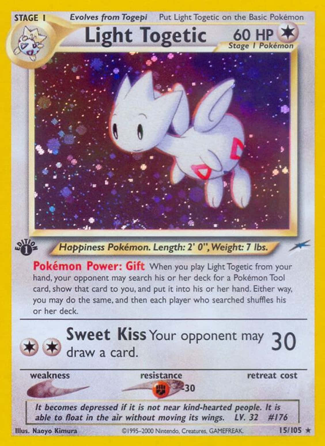 Pokemon Card 桌布 壁紙 — 一隻帶有紅色標記的白色毛茸茸寶可夢，在閃爍的宇宙紫色背景上平靜地漂浮。
