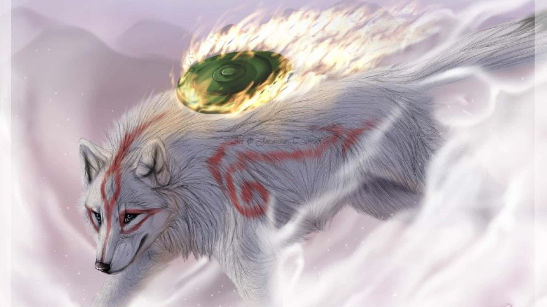 Cool Anime Wolf 桌布 壁紙 — 一隻帶有紅色標記的雄偉白狼穿過迷霧，背上馱著一顆發光的綠色球體。