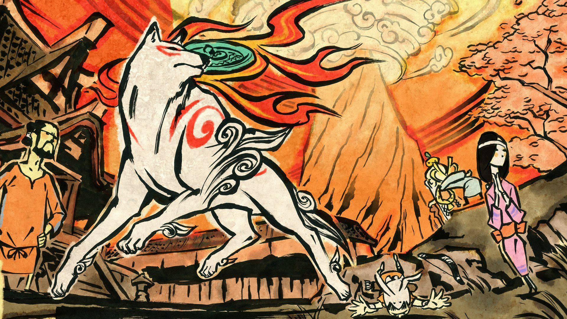 Okami 桌布 壁紙 — 一隻帶有紅色標記的風格化白狼跳過火熱的橙色天空，而兩個人類從岩石景觀中觀察。