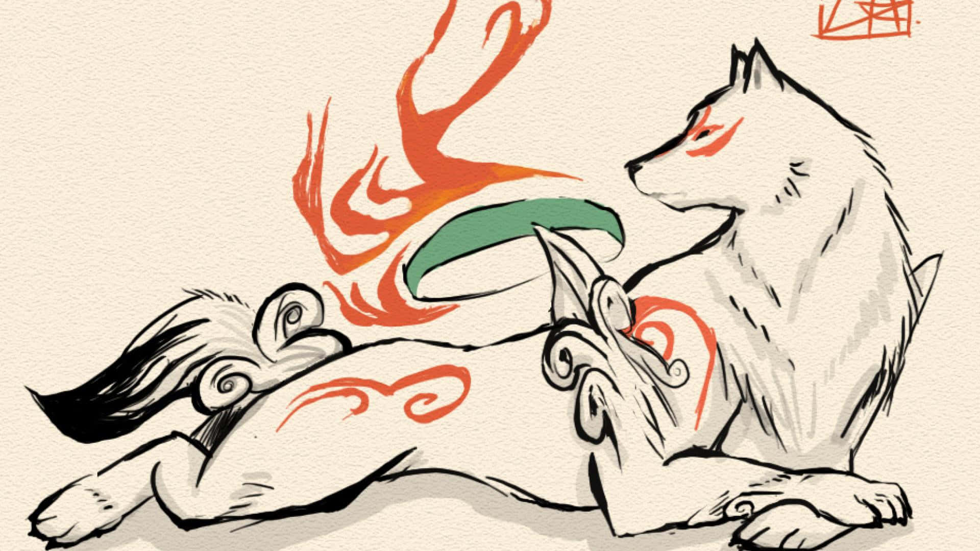 Okami HD 桌布 壁紙 — 一隻帶有紅色標記的風格化白色狐狸，在帶有紋理的紙上，旁邊是旋轉的橙色和綠色火焰狀圖案。