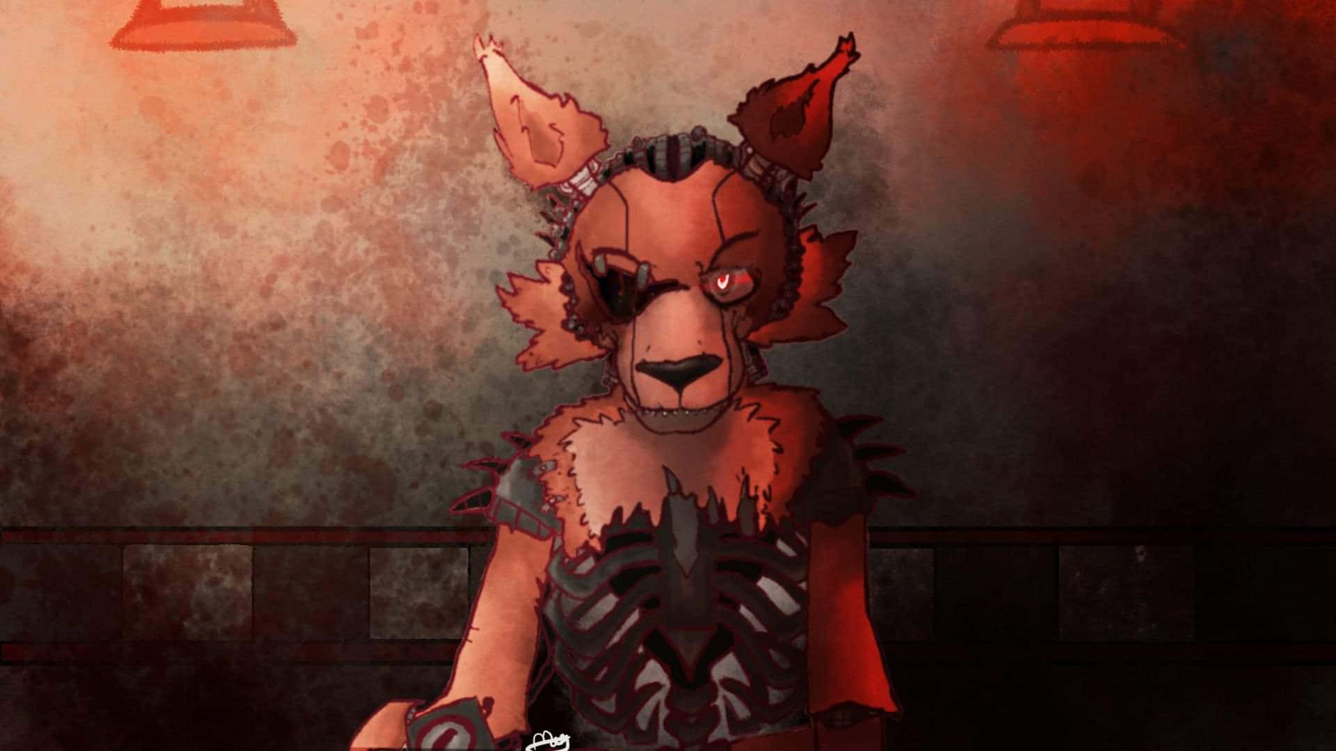 Foxy 桌布 壁紙 — 一隻帶有紅色發光眼睛和尖刺盔甲的擬人化狐狸，站在光線昏暗、佈滿鏽跡的工業房間裡。