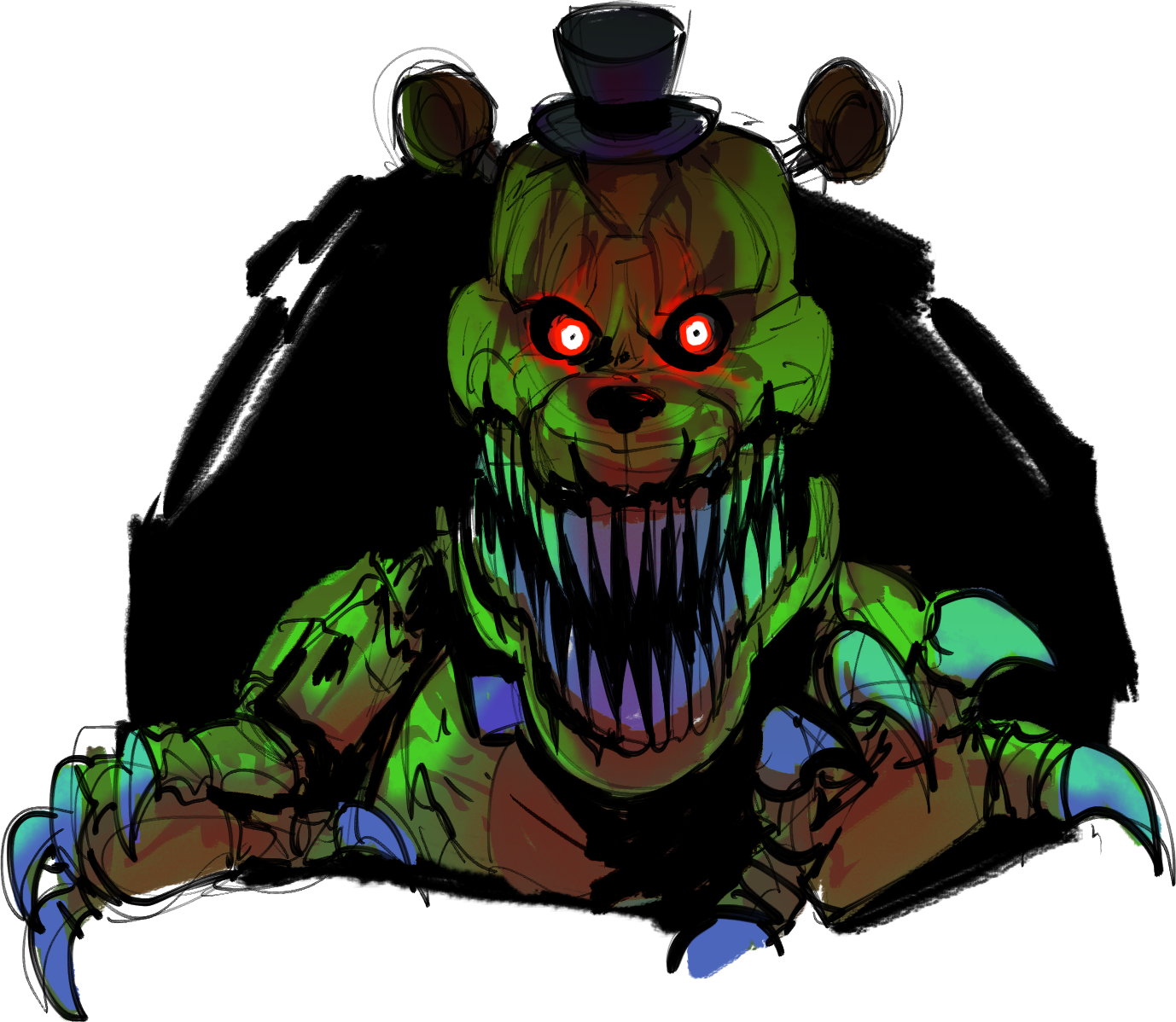 Fredbear 桌布 壁紙 — 一隻帶有紅色發光眼睛和尖銳牙齒的威脅性綠色電子熊，戴著高頂帽，蹲伏在陰影中。