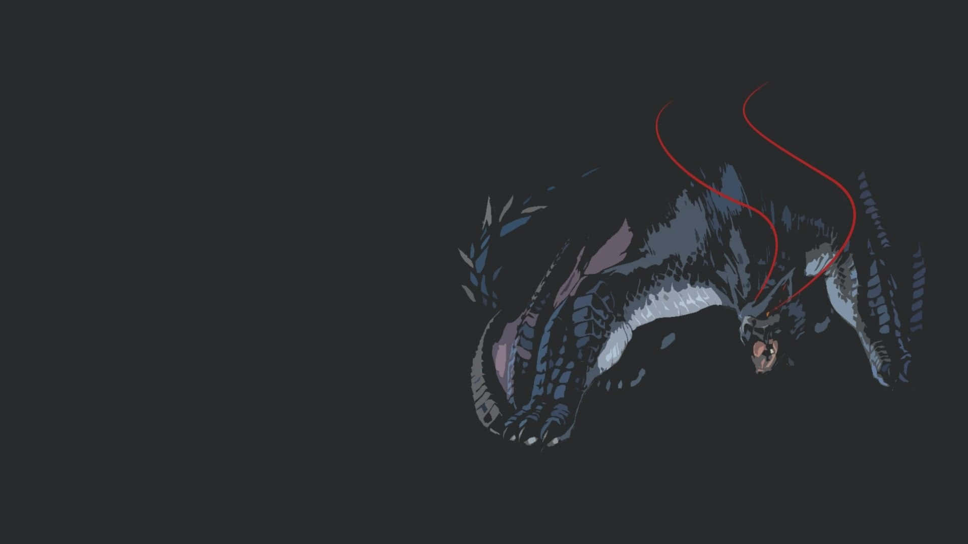 魔物獵人 世界 桌布 壁紙 — 一隻帶有紅色發光角和尖銳牙齒的威脅性深藍色龍，蹲伏在黑色背景前。