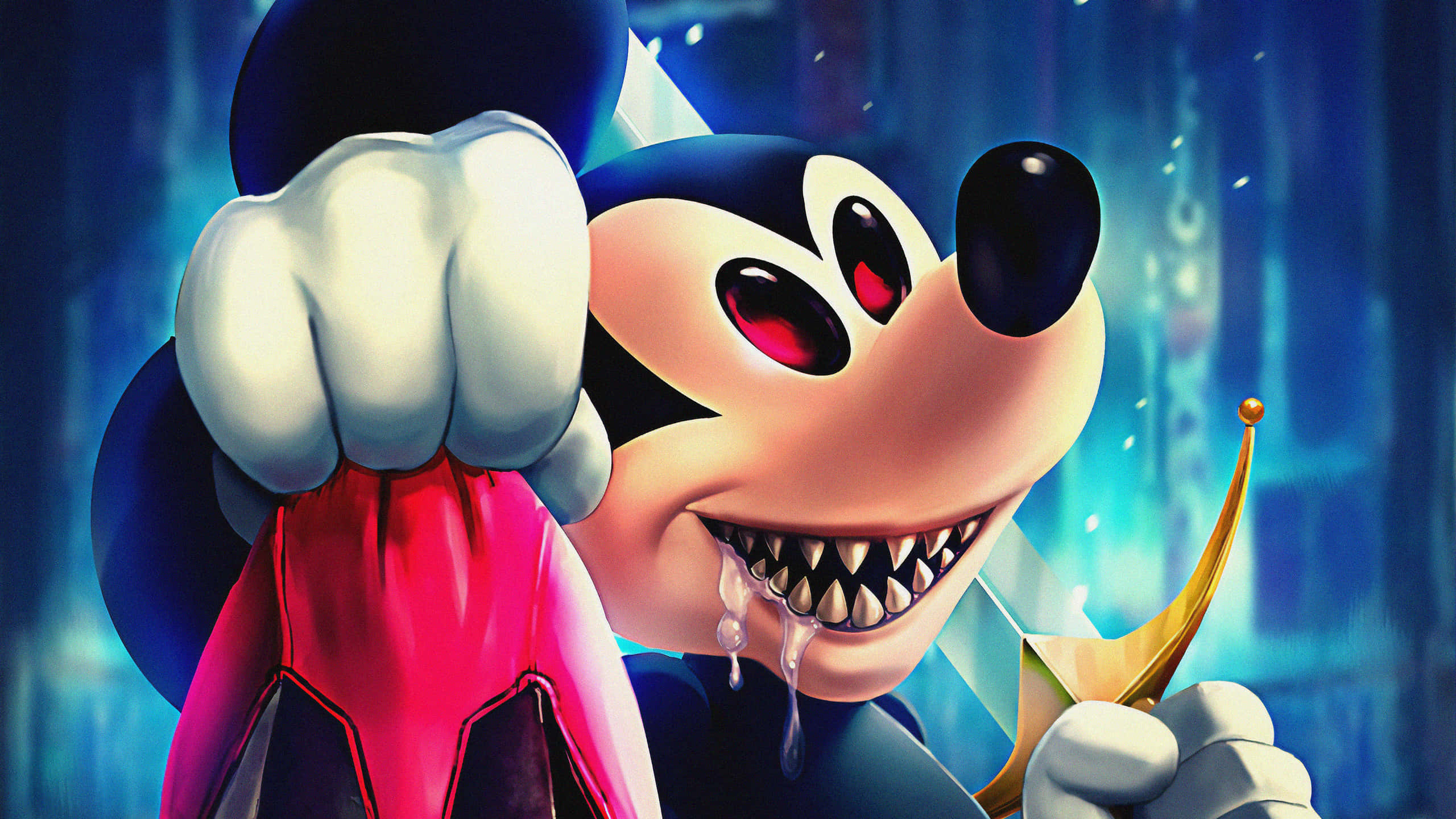 Disney Character 桌布 壁紙 — 一隻帶有紅色眼睛、尖銳牙齒和流口水笑容的威脅性米奇老鼠，在發光的藍色背景前拿著一把刀和一件破爛的紅色襯衫。