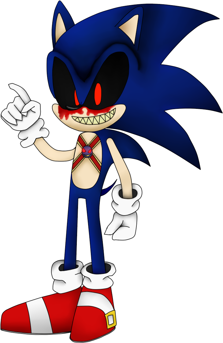 Sonic Exe 桌布 壁紙 — 一隻帶有紅色眼睛和血淋淋笑容的威脅性藍色刺蝟，在黑色背景前指向前面。