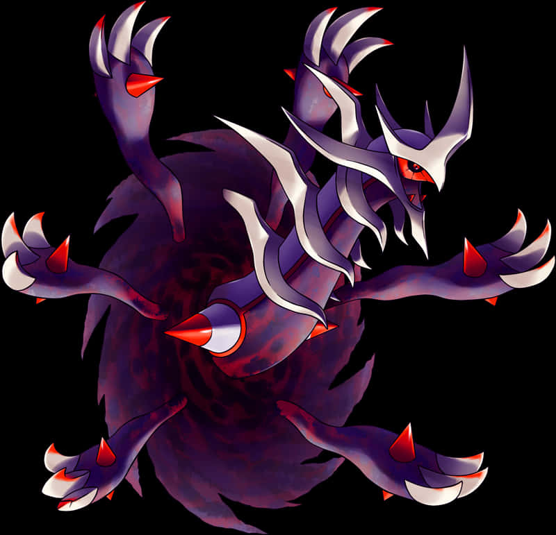 Pokemon Characters 桌布 壁紙 — 一隻帶有紅色眼睛和鋒利爪子的紫色和銀色龍，在黑色背景前擺出威脅姿態。