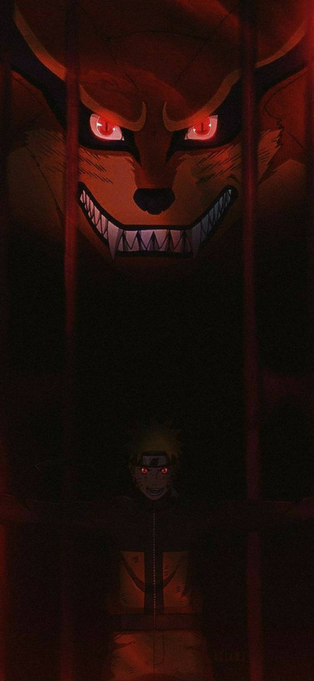 Kurama 桌布 壁紙 — 一隻帶有紅色眼睛的威脅性狐狸惡魔潛伏在鐵欄後面，一個小人影站在下方，場景昏暗並以深紅色燈光照明。