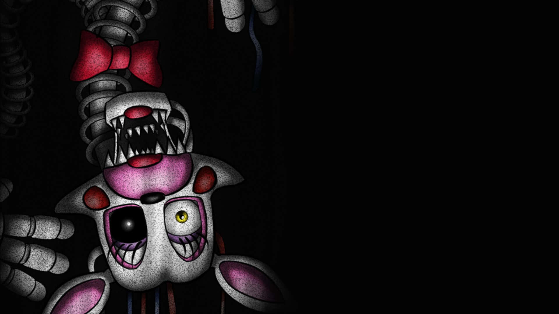 Scary Fnaf 桌布 壁紙 — 一隻帶有紅色蝴蝶結和一隻黃色眼睛的威脅性電子兔懸掛在黑暗中，露出牙齒，恐怖主題桌布。