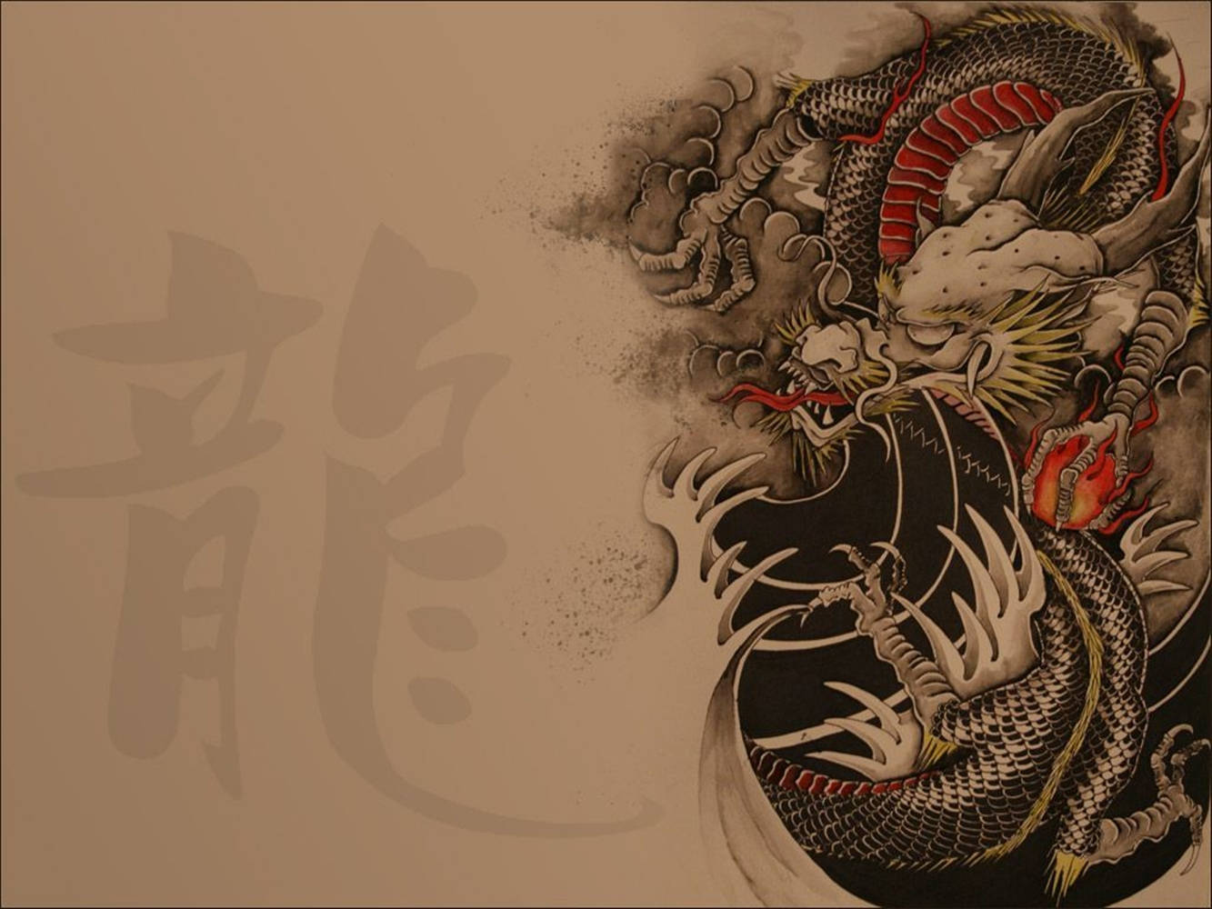 龍 桌布 壁紙 — 一隻帶有紅色點綴的兇猛傳統日本龍，在帶有大型褪色漢字的米色背景上動態盤繞。
