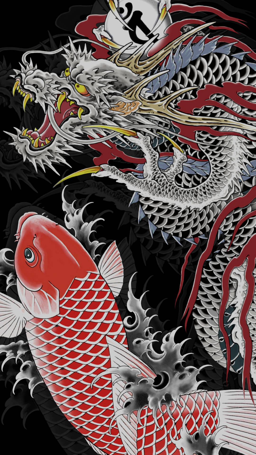 日式龍 桌布 壁紙 — 一隻帶有紅色點綴的兇猛白龍，在黑色背景上與一條鮮紅色的錦鯉搏鬥，伴有動態的水花飛濺。