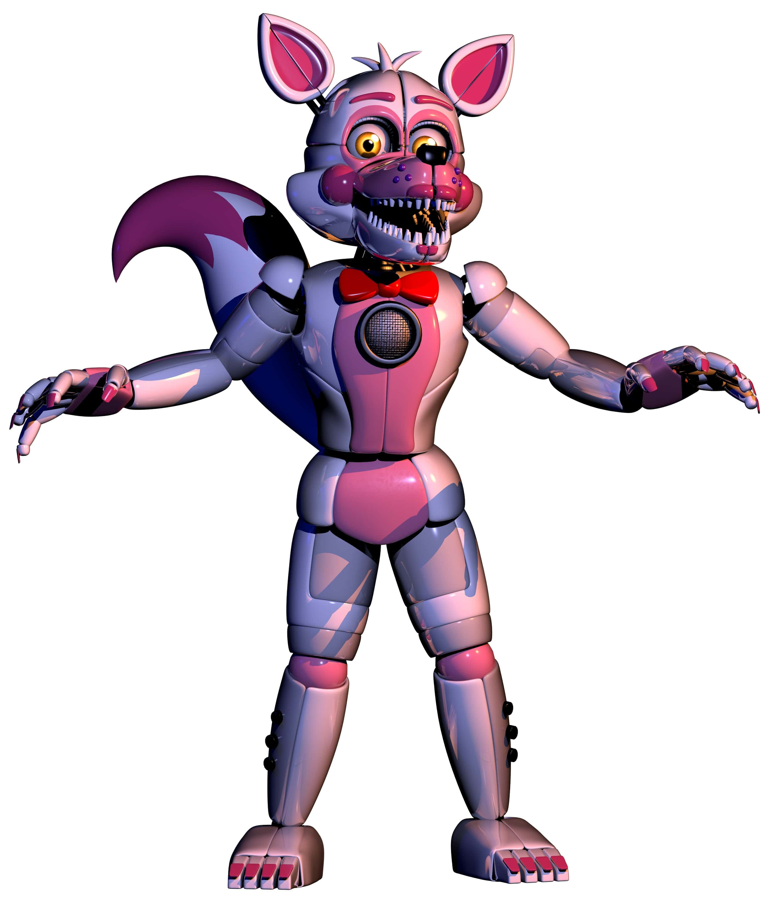 Funtime Foxy 桌布 壁紙 — 一隻帶有紫色和粉紅色金屬板、尖銳牙齒和紅色領結的威脅性機械狐狸站在白色背景前。