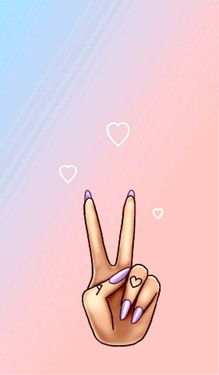 Gradient 桌布 壁紙 — 一隻帶有紫色指甲的卡通手在柔和漸變的天空中做出和平手勢，周圍漂浮著愛心。