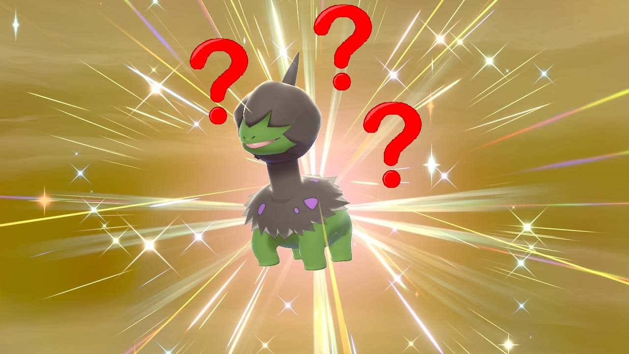 Pokemon Aesthetic 桌布 壁紙 — 一隻帶有紫色斑紋的綠色和灰色寶可夢漂浮在金色光芒和紅色問號之中。