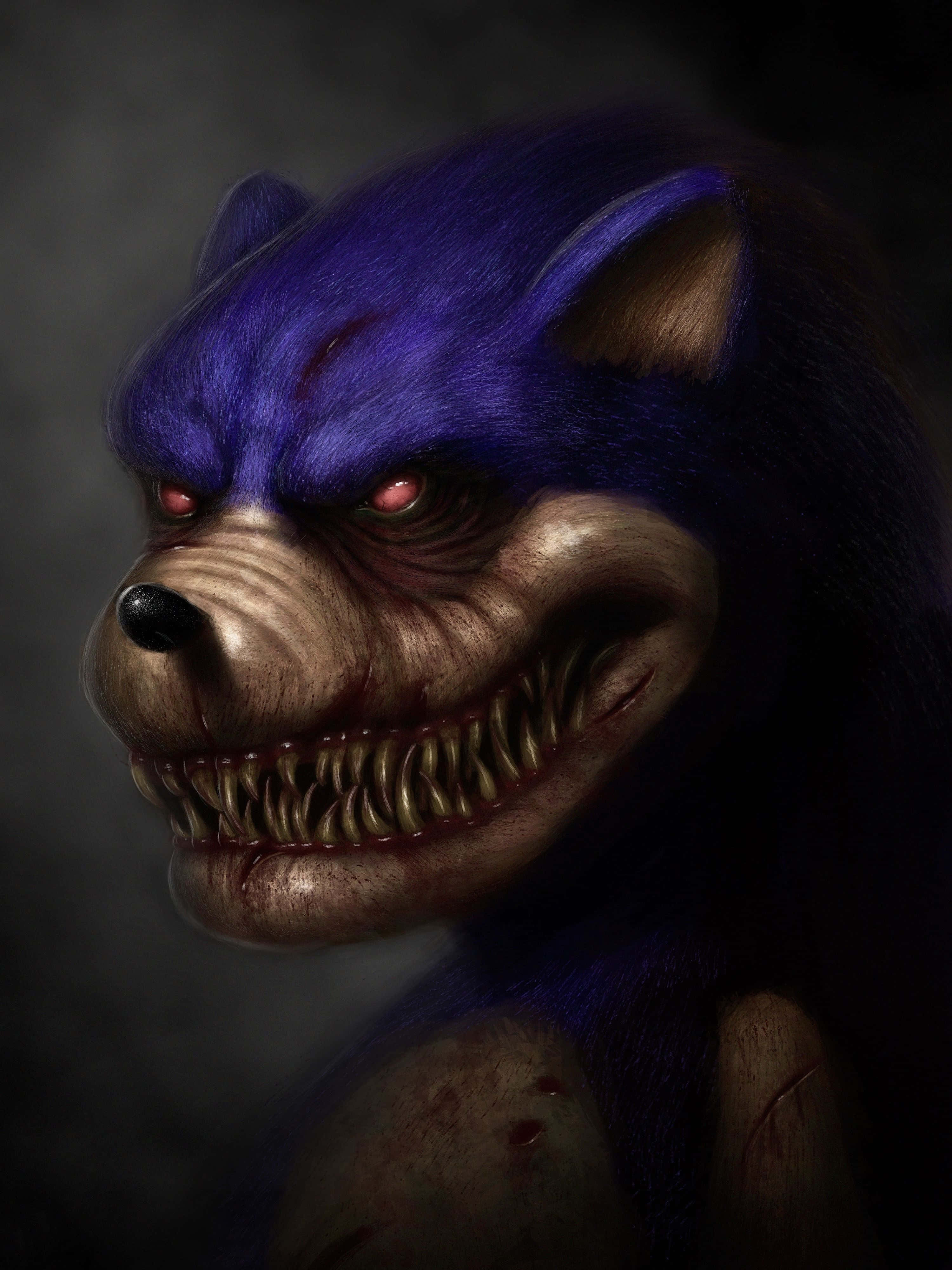 Sonic Exe 桌布 壁紙 — 一隻帶有紫色毛髮、發光紅眼和尖牙的威脅性生物，在黑暗煙霧背景中強烈凝視。